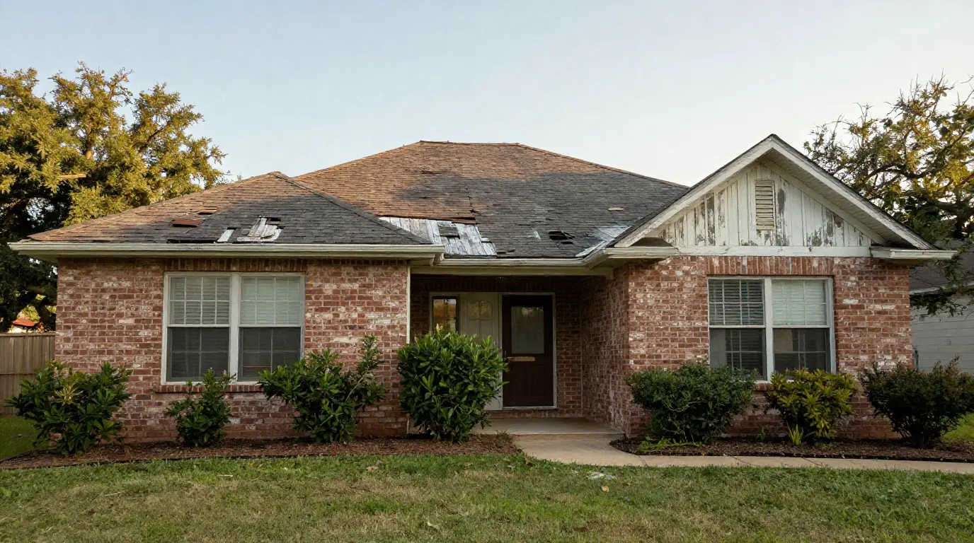 Austin Texas brick ranch home with significant deferred maintenance including missing and damaged roof shingles and severely peeling paint on the gable trim
