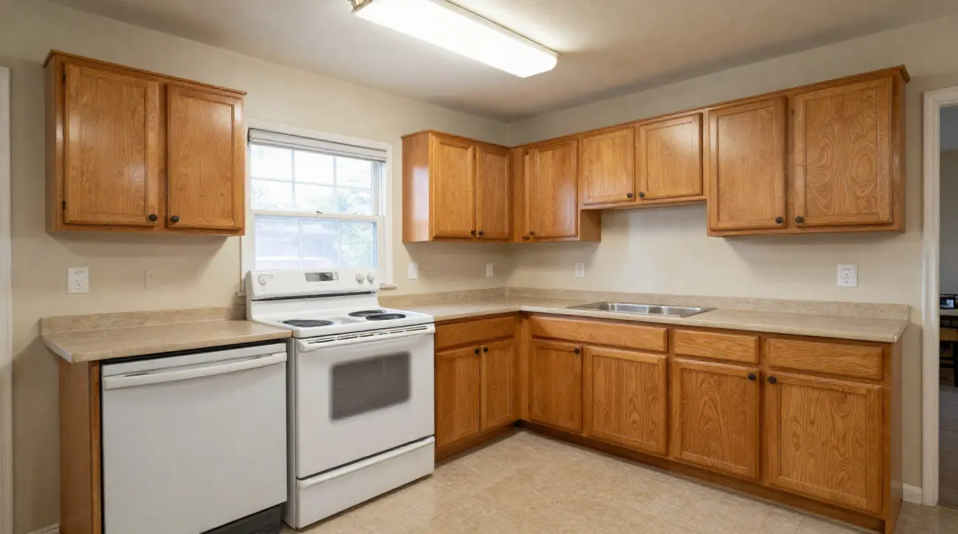 Dated 1990s kitchen with honey oak cabinets, white electric range, laminate countertops, and vinyl tile flooring in an Austin Texas resale home