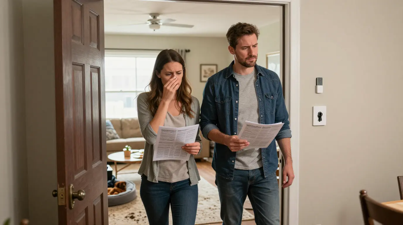 A couple touring a home for sale reacts to an unpleasant odor upon entering, with the woman covering her nose and the man looking uncomfortable while holding listing papers
