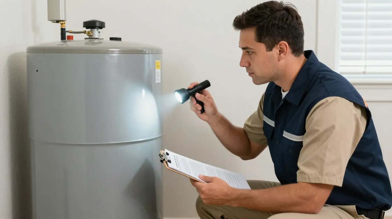 A professional home inspector crouching with a flashlight and clipboard to examine a water heater during a pre-listing home inspection in Austin Texas