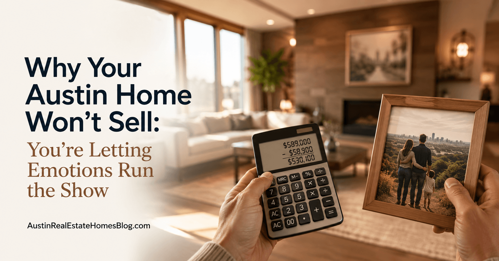 Seller holding a calculator showing home sale numbers next to a family photo, illustrating how emotions affect Austin home selling decisions