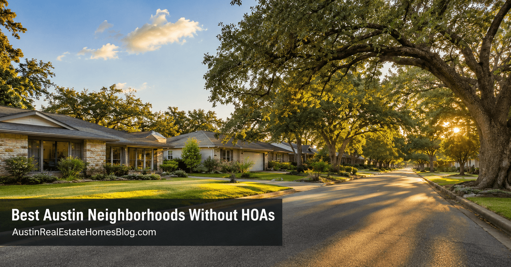 Tree-lined Austin neighborhood street with no HOA — mid-century ranch homes with mature live oak trees