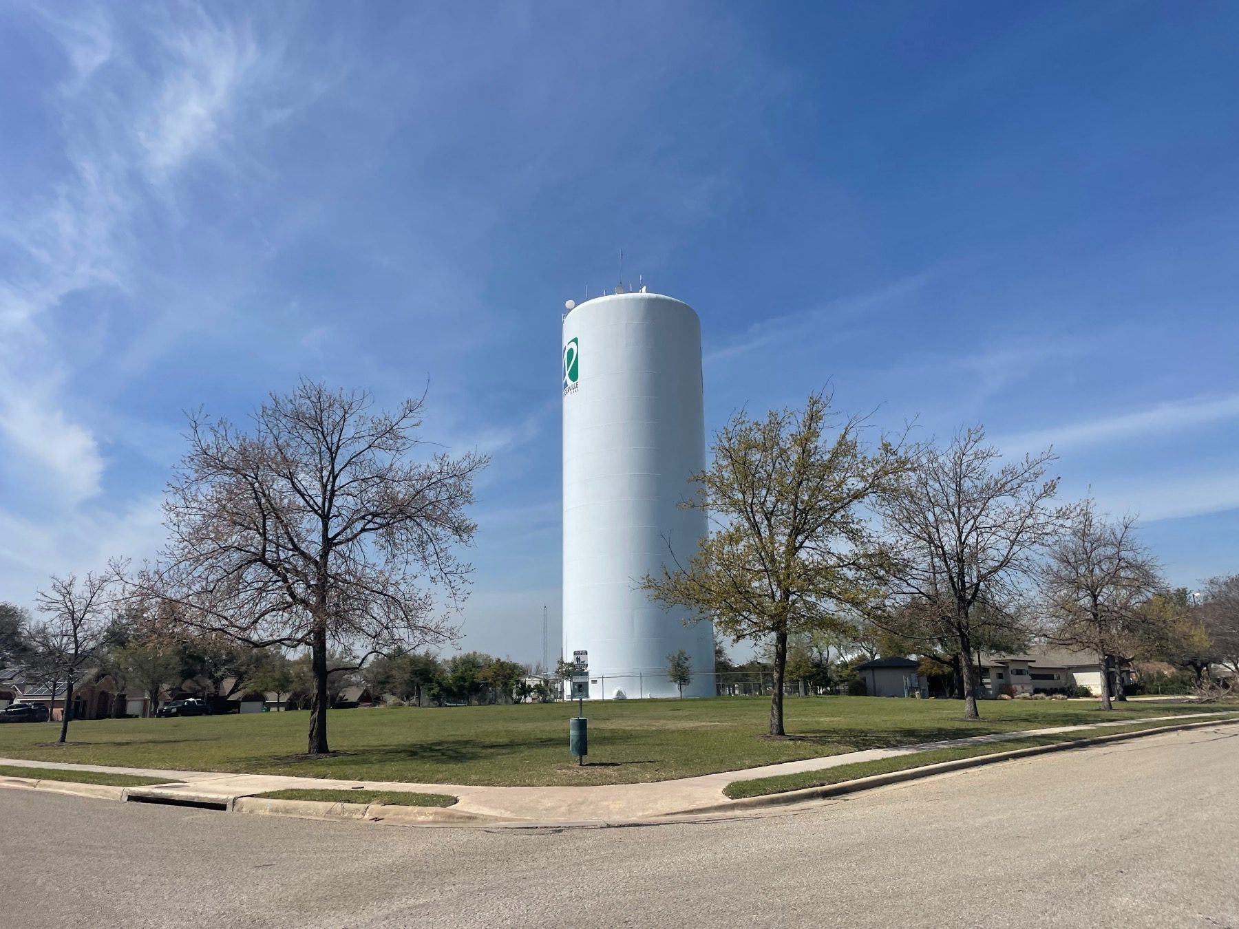 Water tower in the Wells Point neighborhood of Pflugerville Texas, an affordable north Austin suburb for first-time buyers