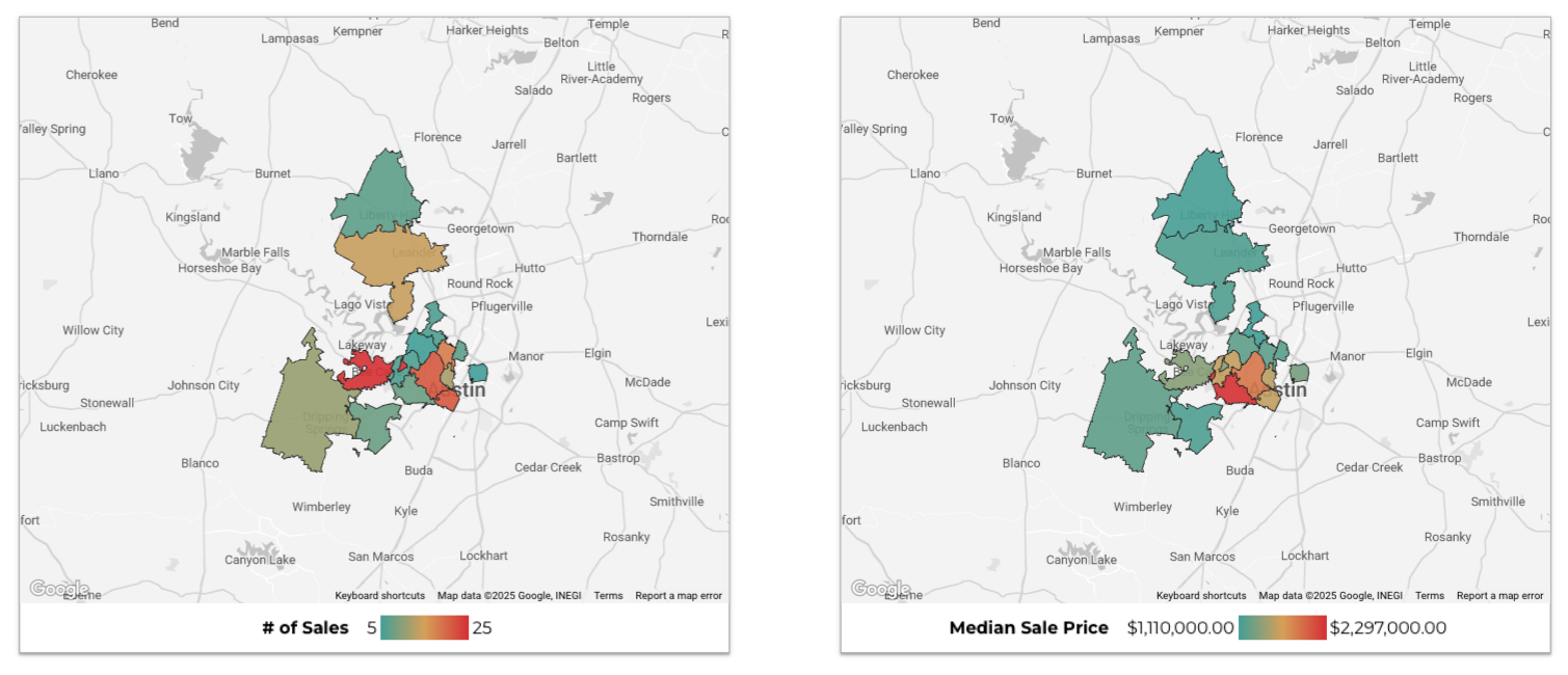 October 2025 Austin luxury market heat maps number of sales and median price