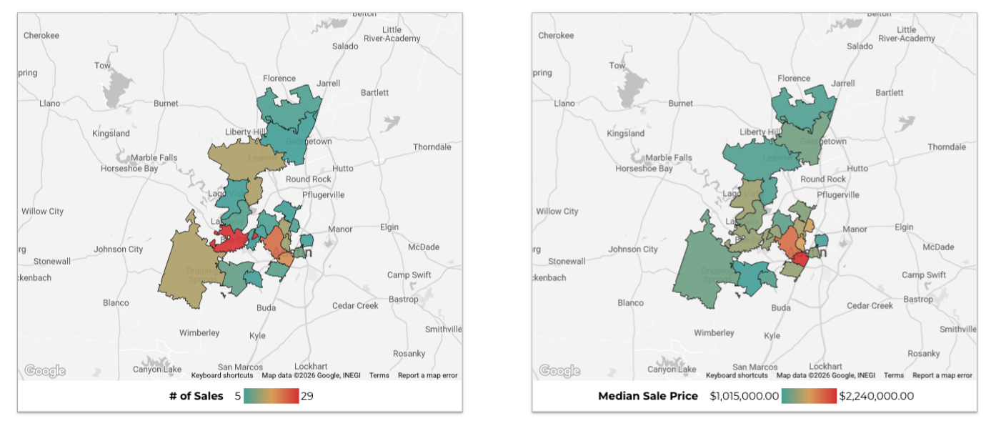December 2025 Austin luxury market heat maps number of sales and median price
