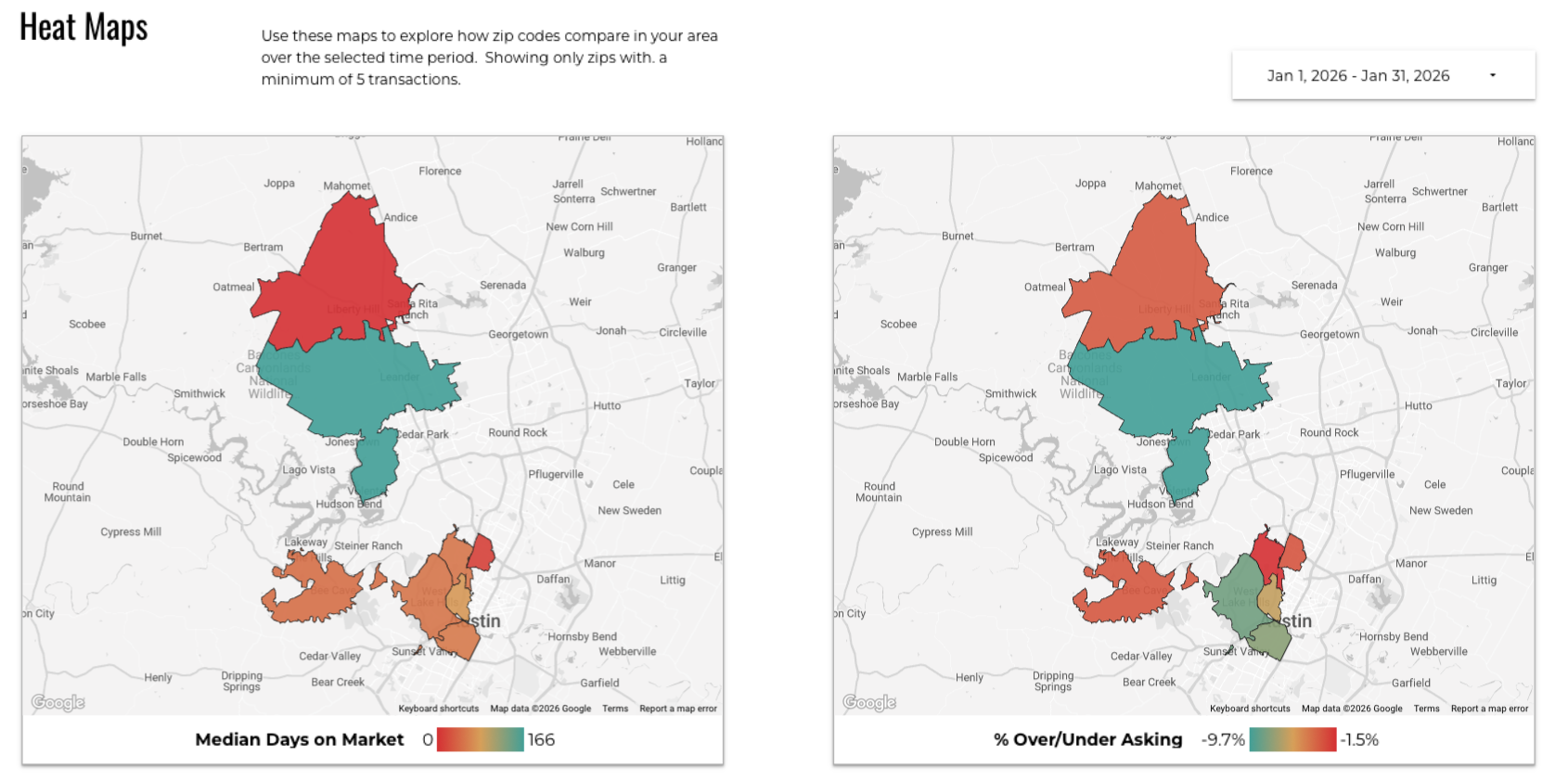 January 2026 Austin luxury market heat maps median days on market over under asking