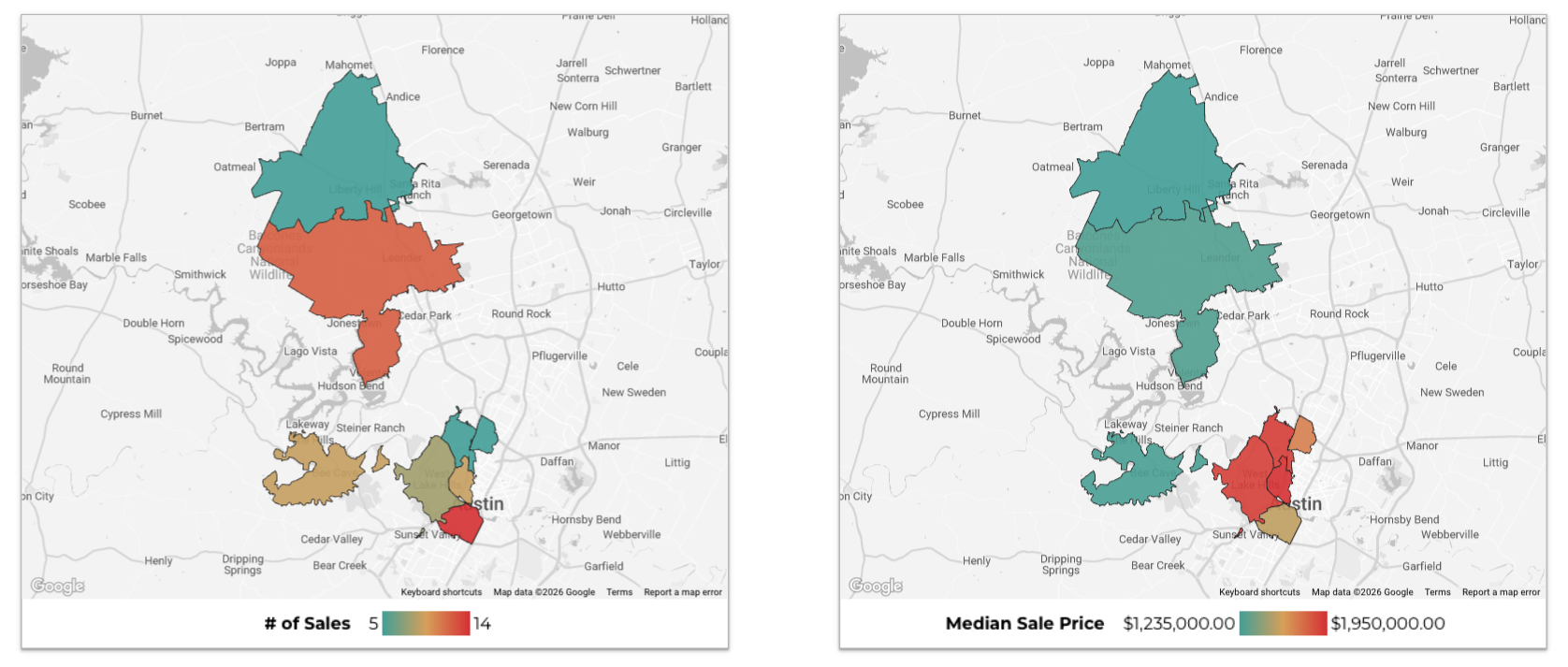 January 2026 Austin luxury market heat maps number of sales and median price