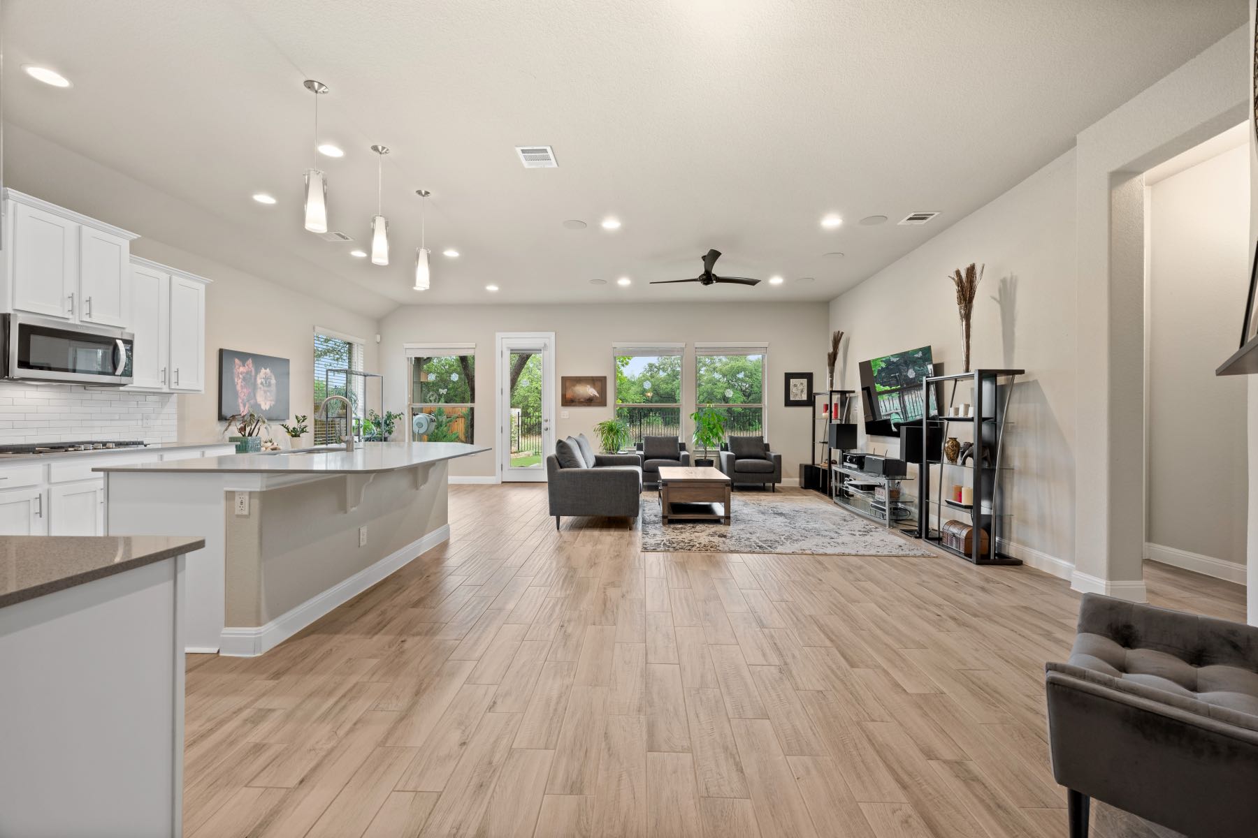 Open concept kitchen and living area in a suburban Austin Texas home