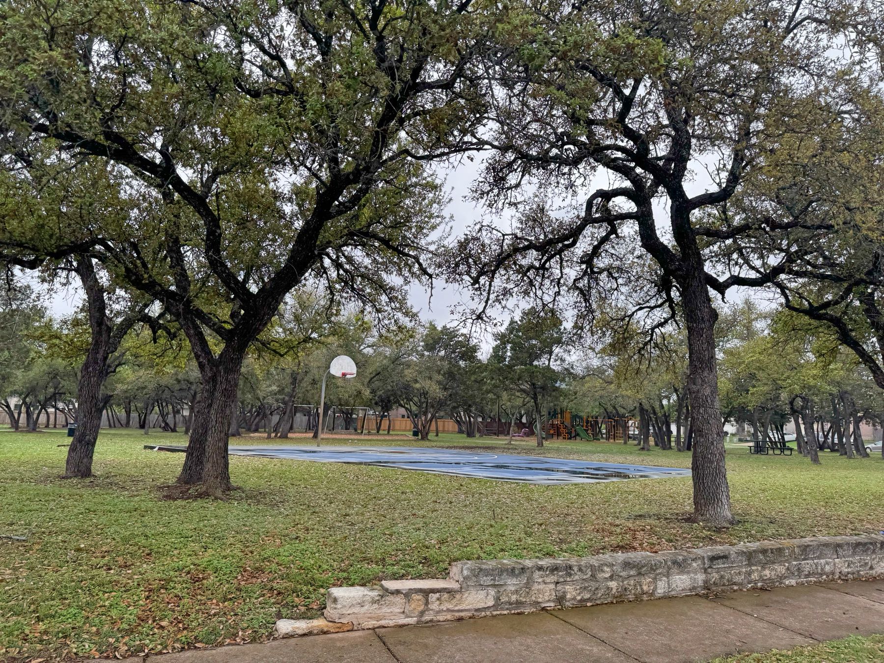 Basketball court and park amenities surrounded by mature oak trees in a Cedar Park, TX neighborhood