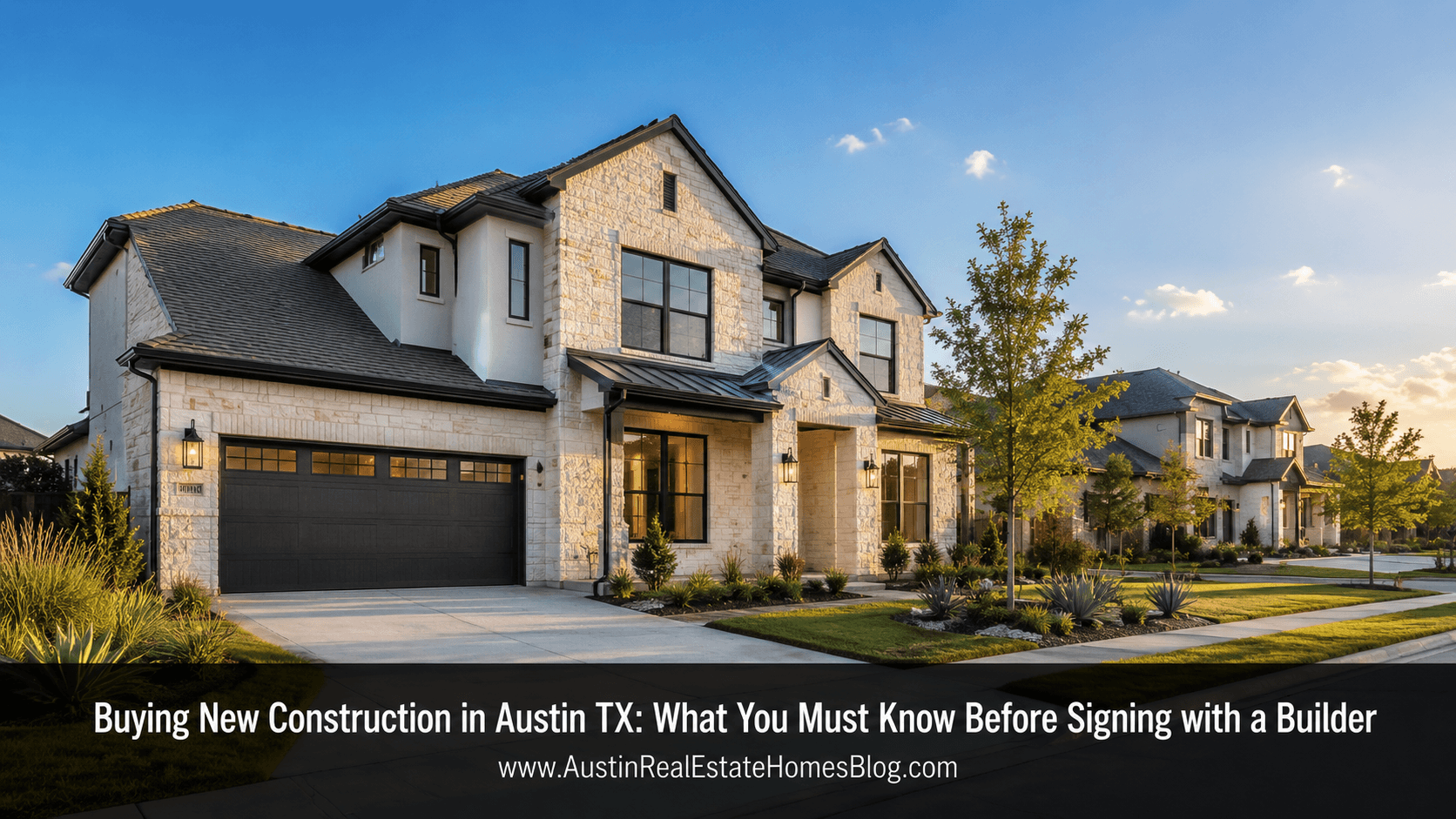 New construction homes in Austin TX suburban neighborhood showing limestone exterior and black-framed windows at golden hour