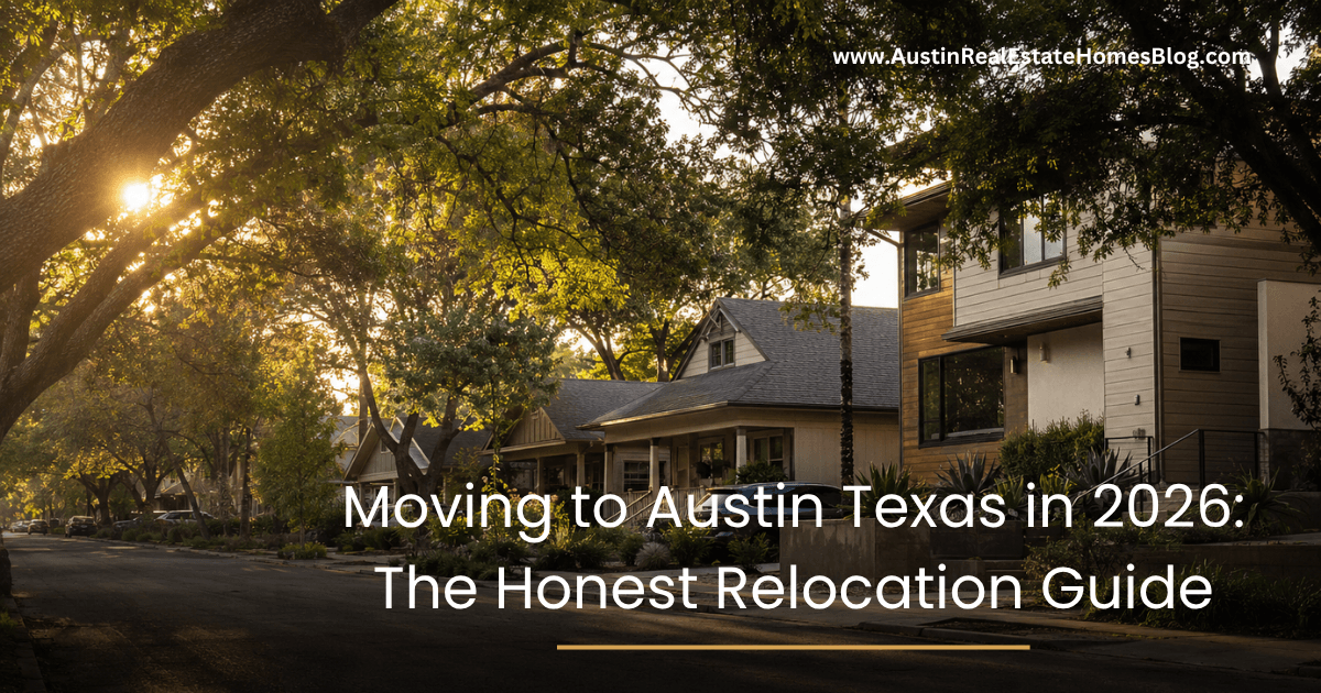 Tree-lined Austin Texas neighborhood street at golden hour with craftsman and modern homes