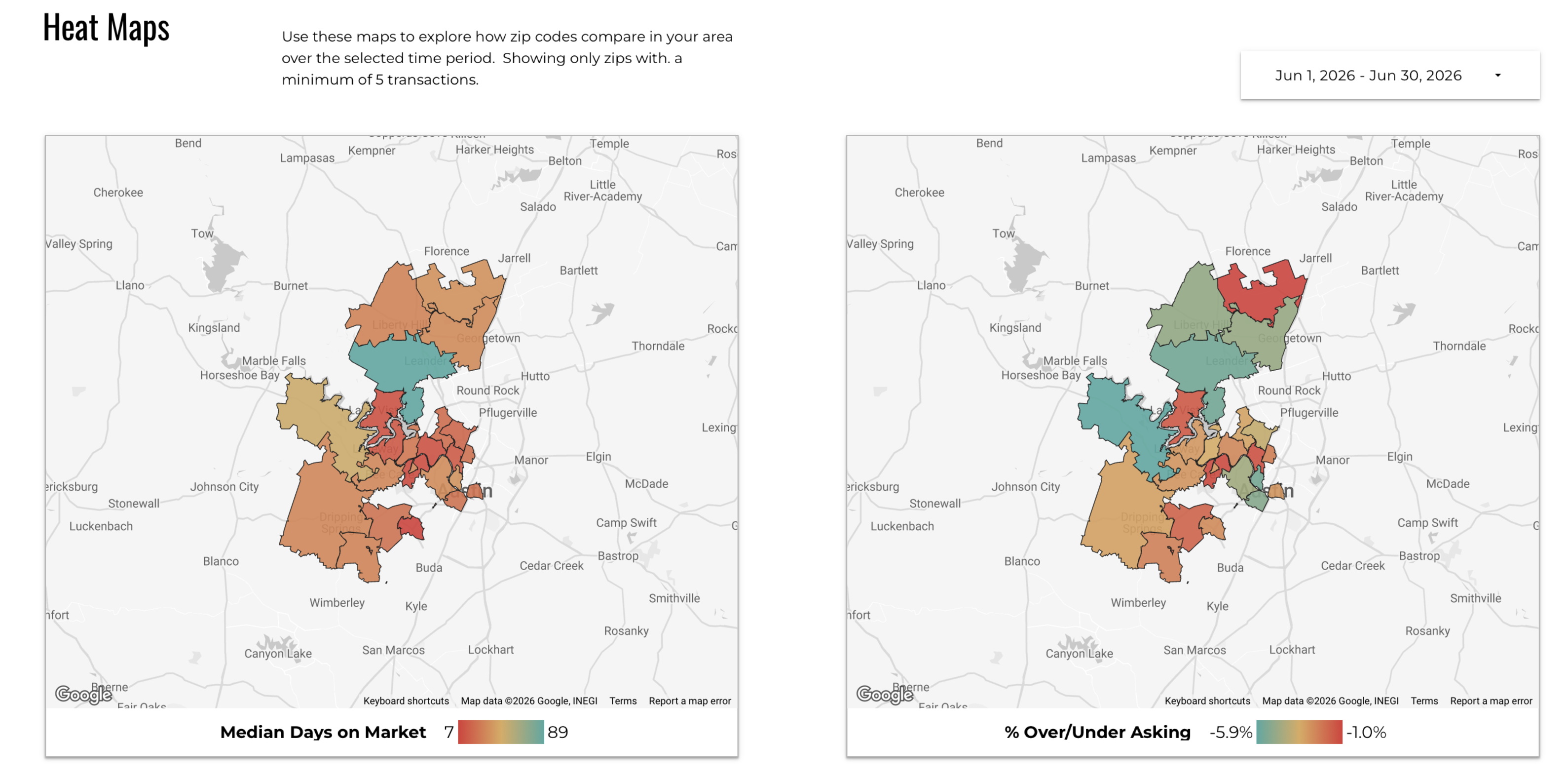 June 2026 Austin Luxury Heat Maps – Median Days on Market and Percent Over Under Asking by Zip