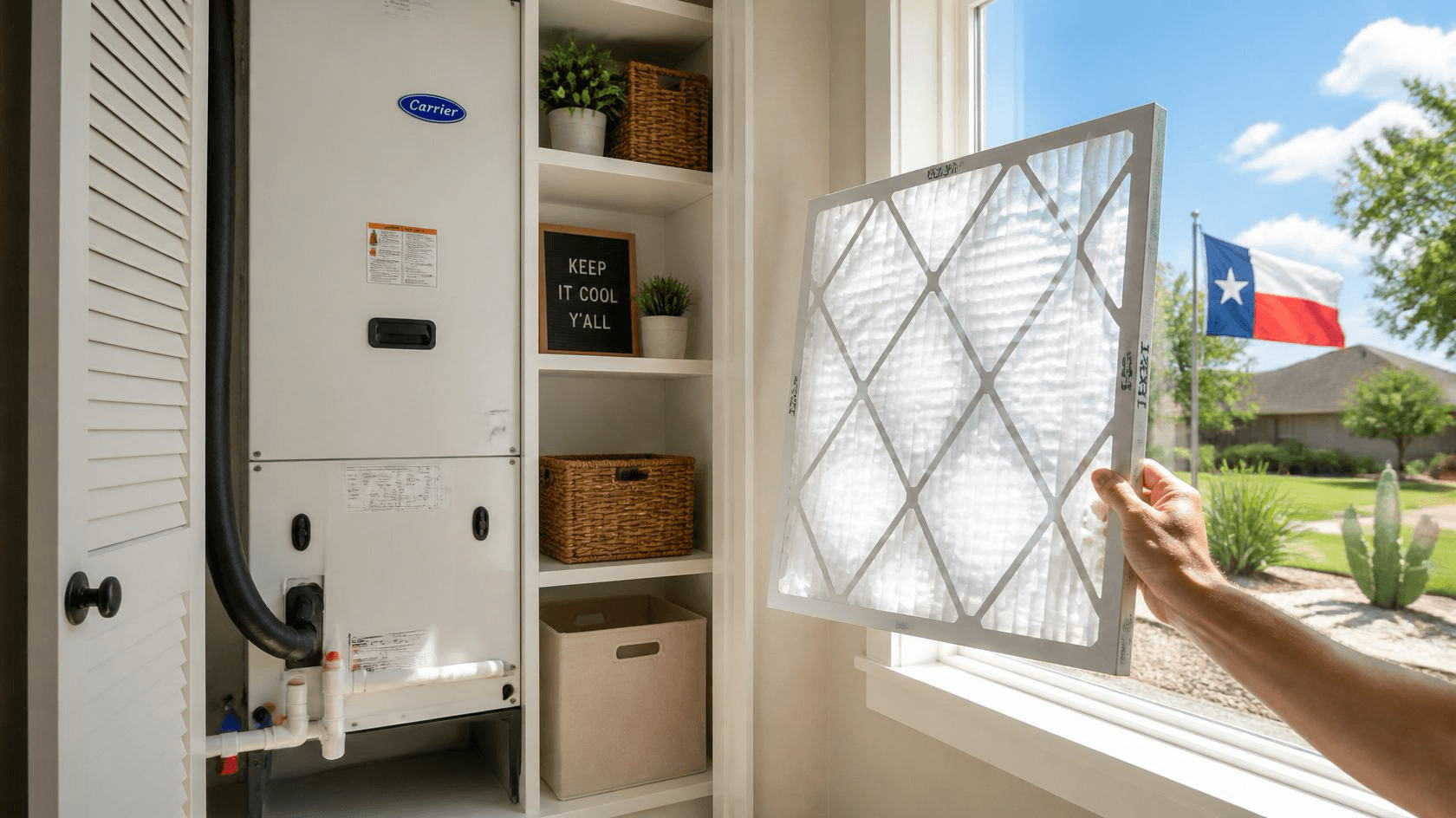 Homeowner holding a clean AC filter next to a Carrier HVAC unit with Texas summer visible through the window