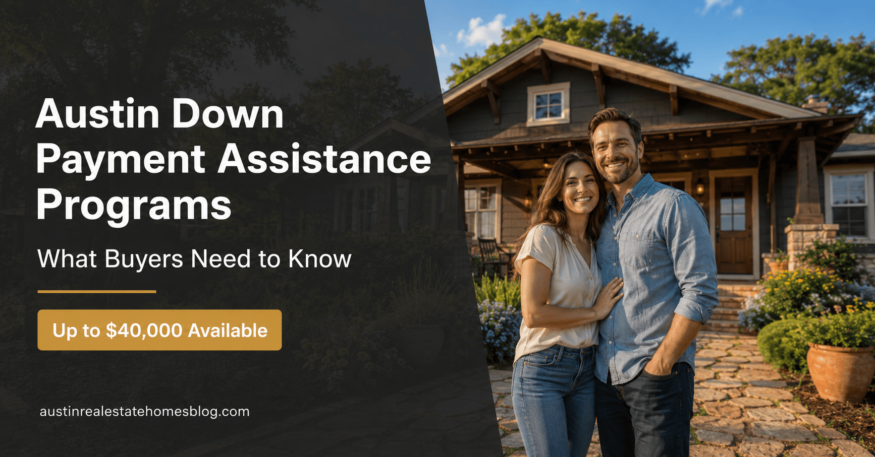 Austin down payment assistance programs — couple smiling in front of craftsman bungalow with up to $40,000 available for qualifying buyers