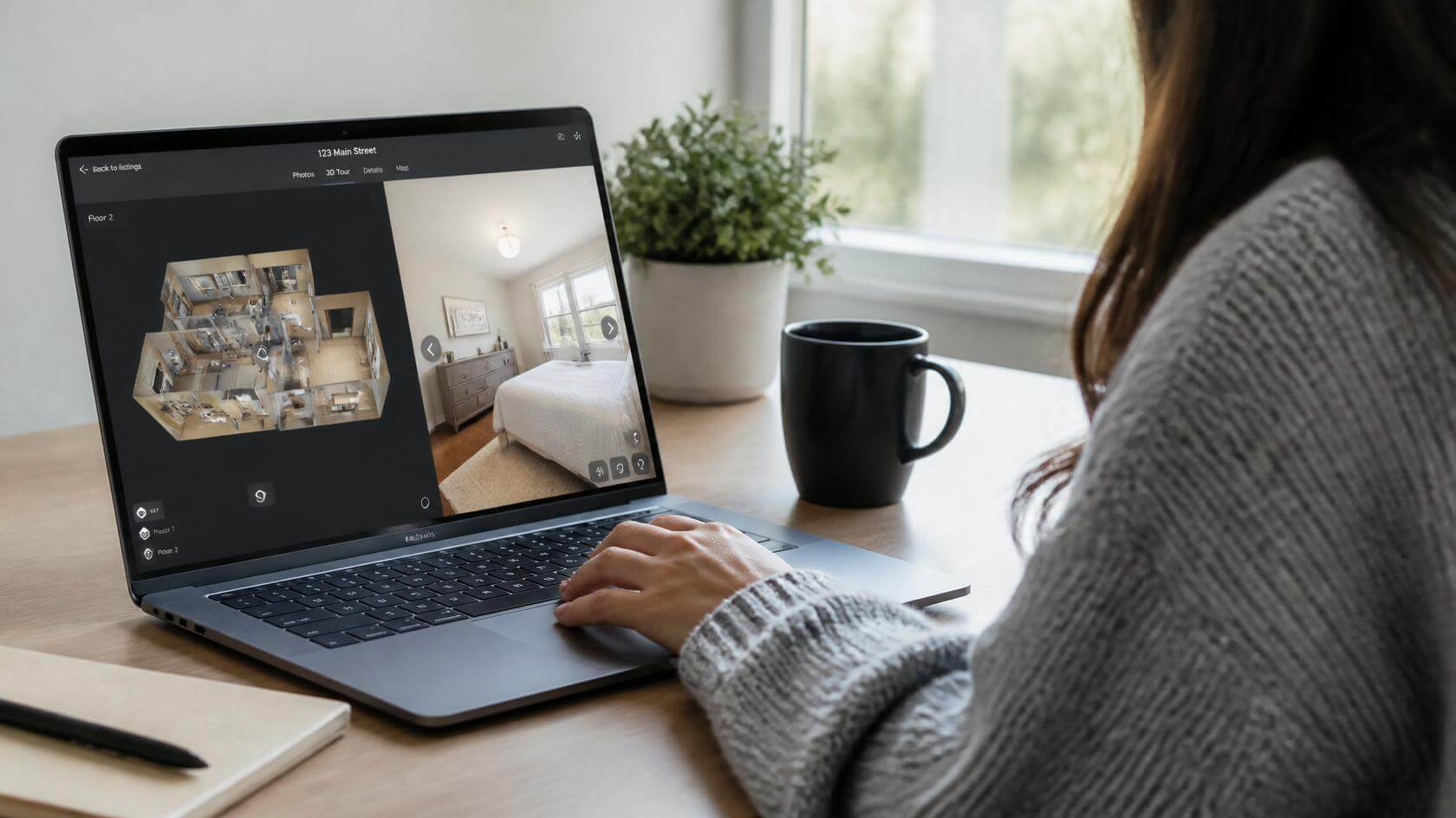 Buyer viewing a 3D virtual home tour on a laptop showing a floor plan and bedroom walkthrough