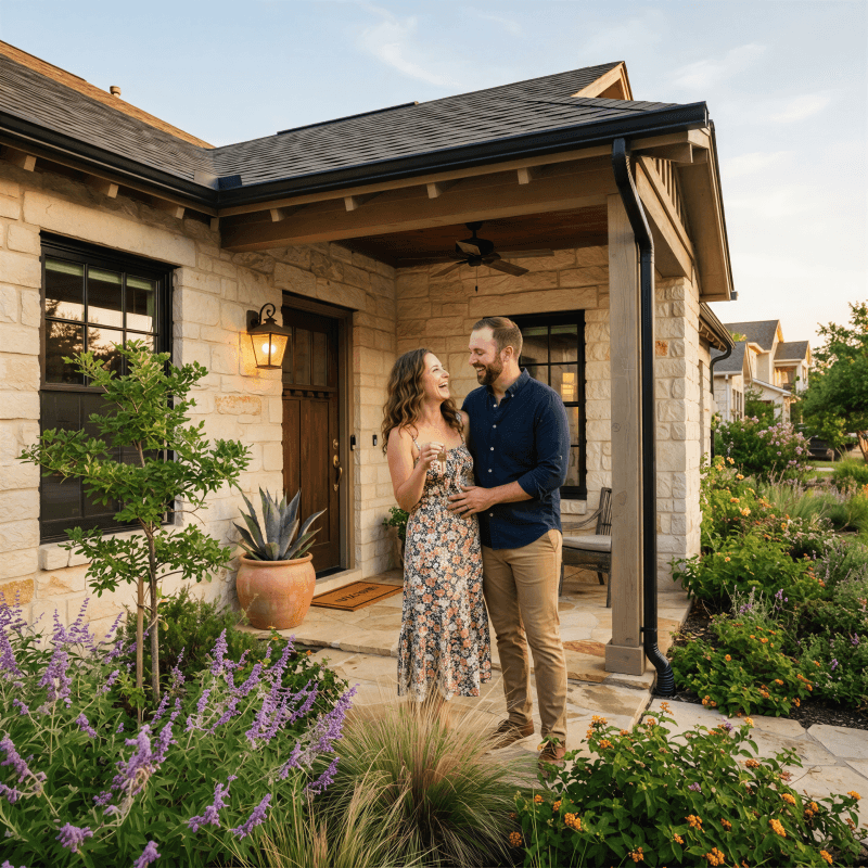 Happy couple holding a house key in front of their new Austin limestone home