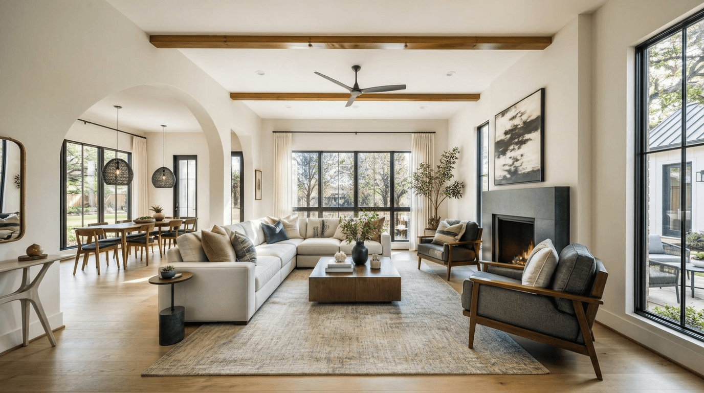 Professionally photographed staged Austin home living room with wood beam ceiling, arched doorway, fireplace, and large windows