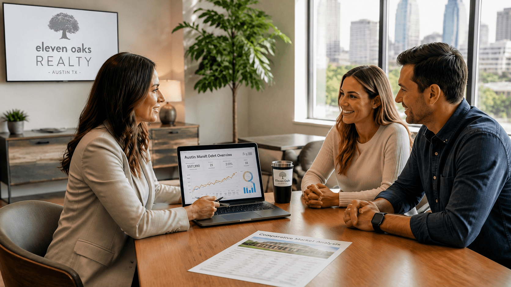 Eleven Oaks Realty agent reviewing Austin market data and comparative market analysis with home sellers during a pricing strategy consultation