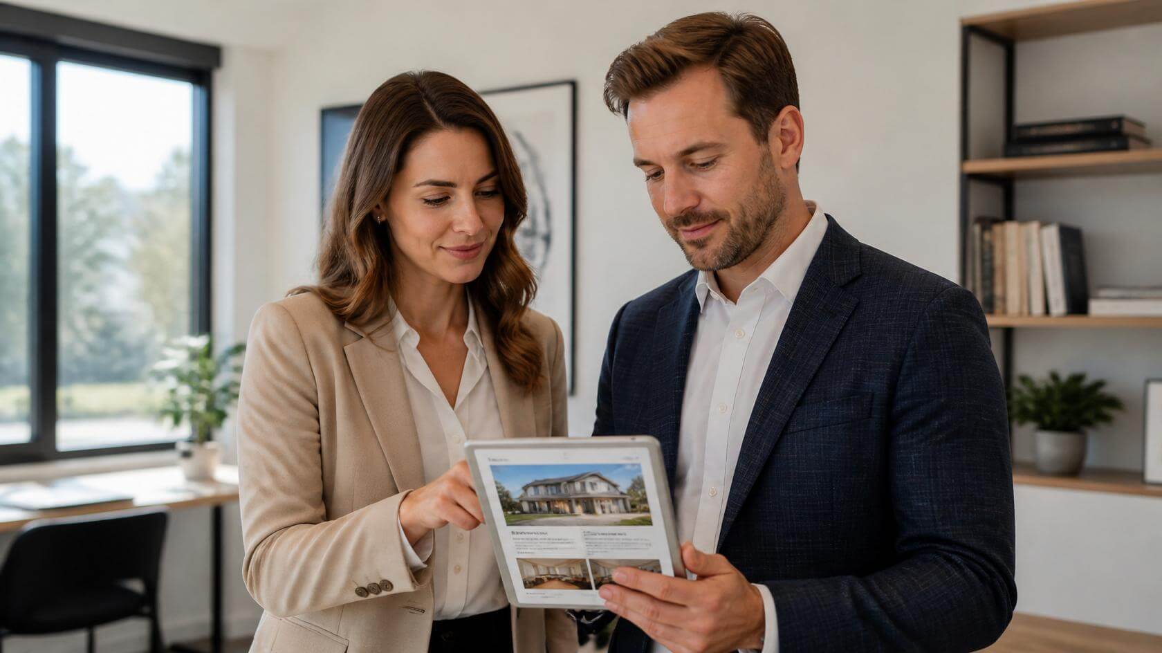 Two real estate agents reviewing an Austin home listing on a tablet in a professional office