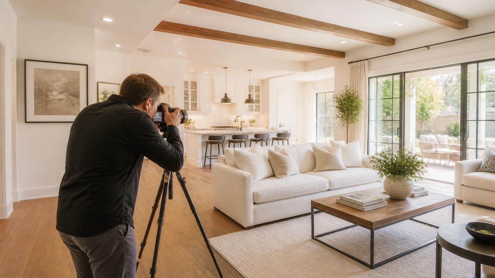 Professional real estate photographer with camera on tripod photographing a staged Austin home open-concept living room