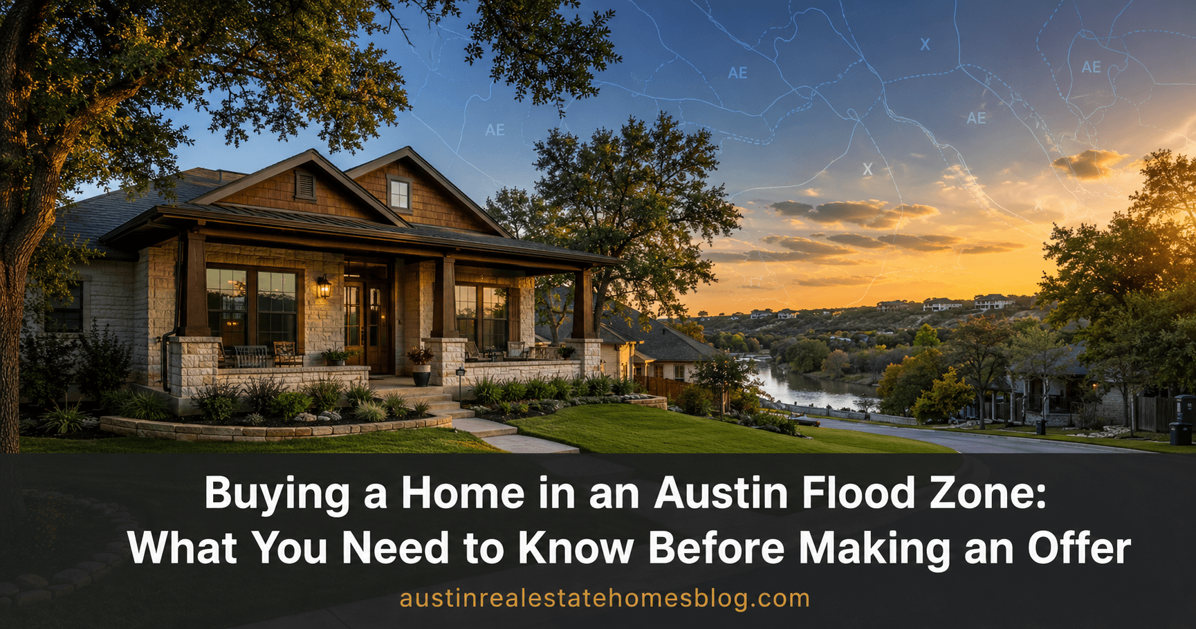 Stone and cedar craftsman home at golden hour in Austin with a calm creek visible in the background and FEMA flood zone designations overlaid on the sky, illustrating what buyers need to know before purchasing a home in an Austin flood zone