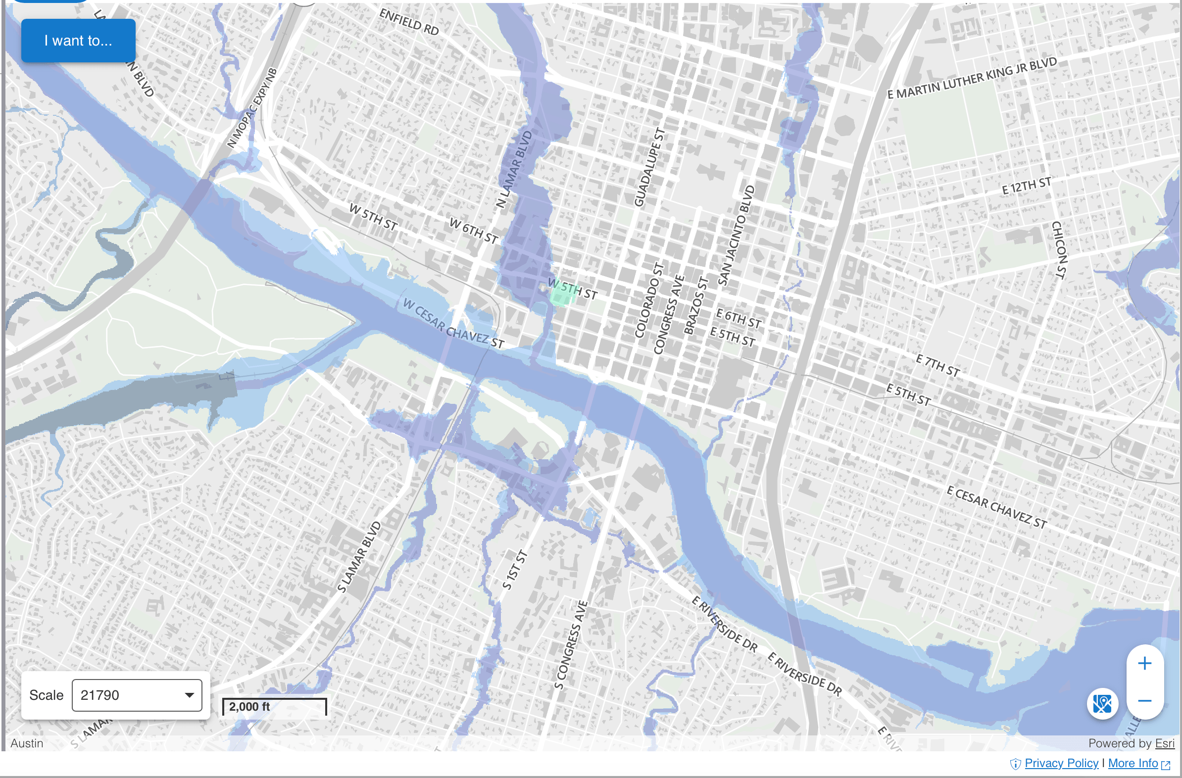 Screenshot of the City of Austin Flood Explorer tool showing flood zone boundaries along the Colorado River and Shoal Creek in downtown Austin