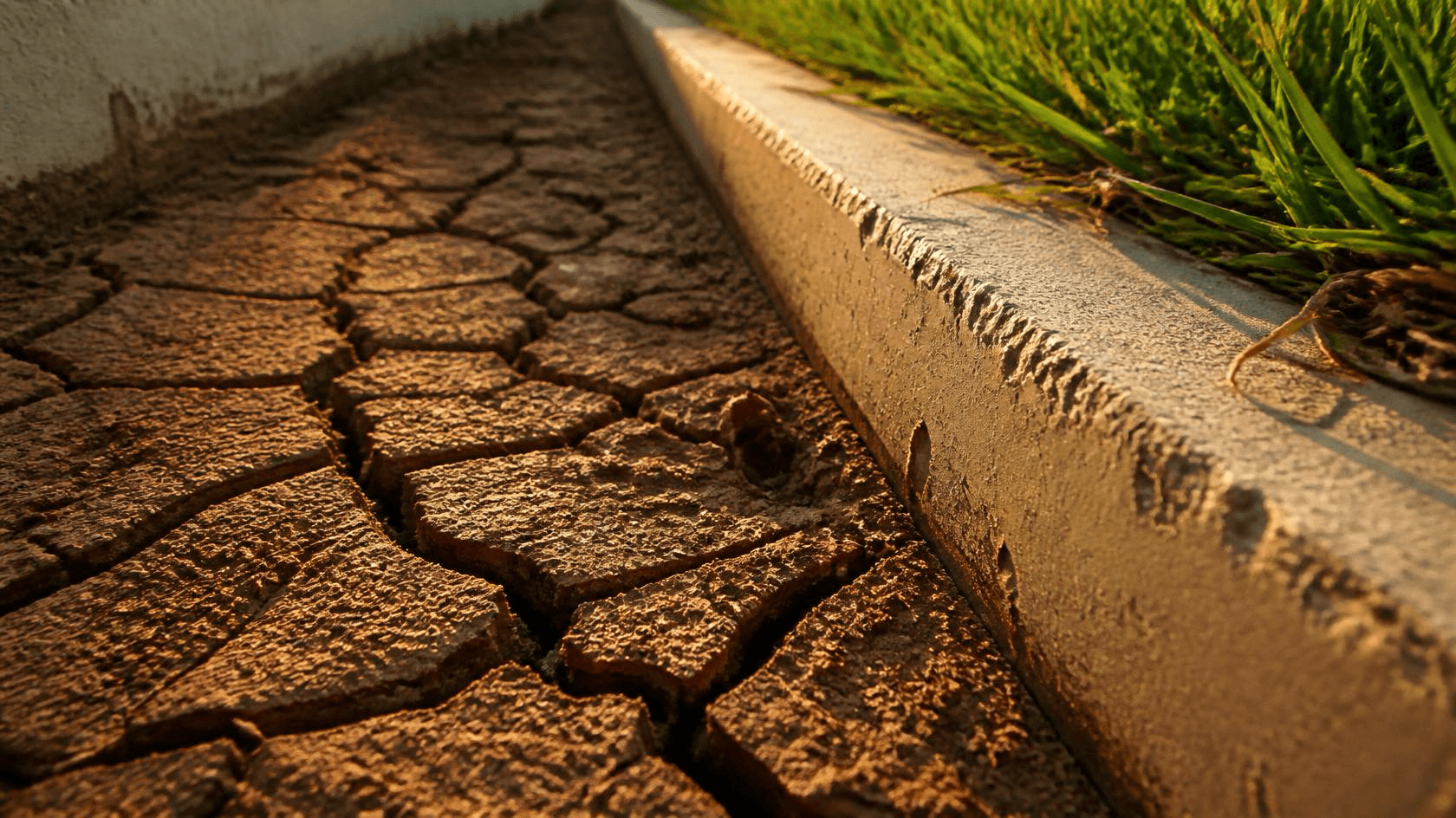 Cracked dry Texas clay soil next to a concrete foundation edge — the reason Austin homeowners must monitor their foundation annually