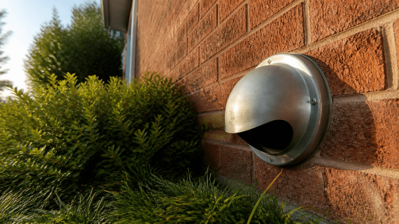 Metal dryer exhaust vent cap on the exterior brick wall of an Austin home surrounded by green shrubs