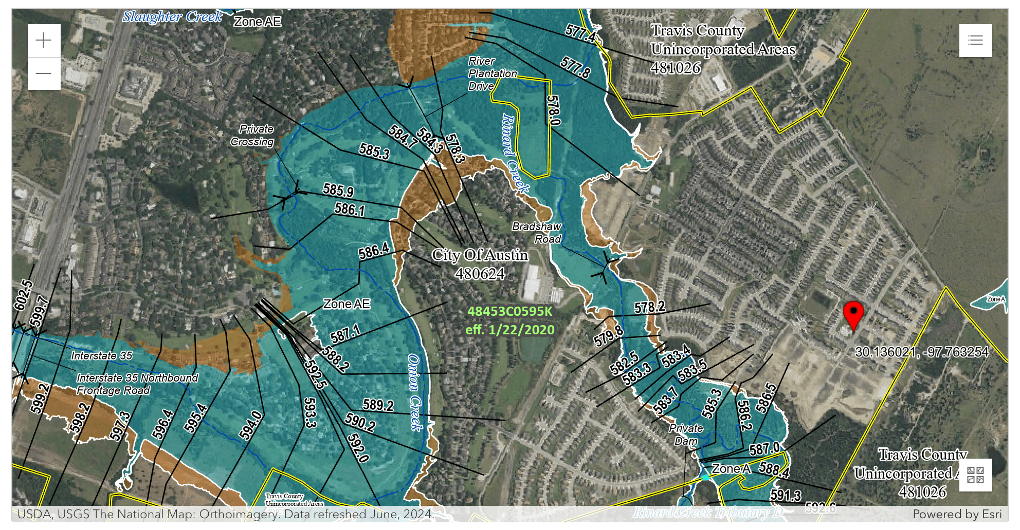 FEMA Flood Insurance Rate Map showing Zone AE 100-year floodplain shaded in blue along the Onion Creek corridor in South Austin, Texas, with base flood elevation cross sections marked