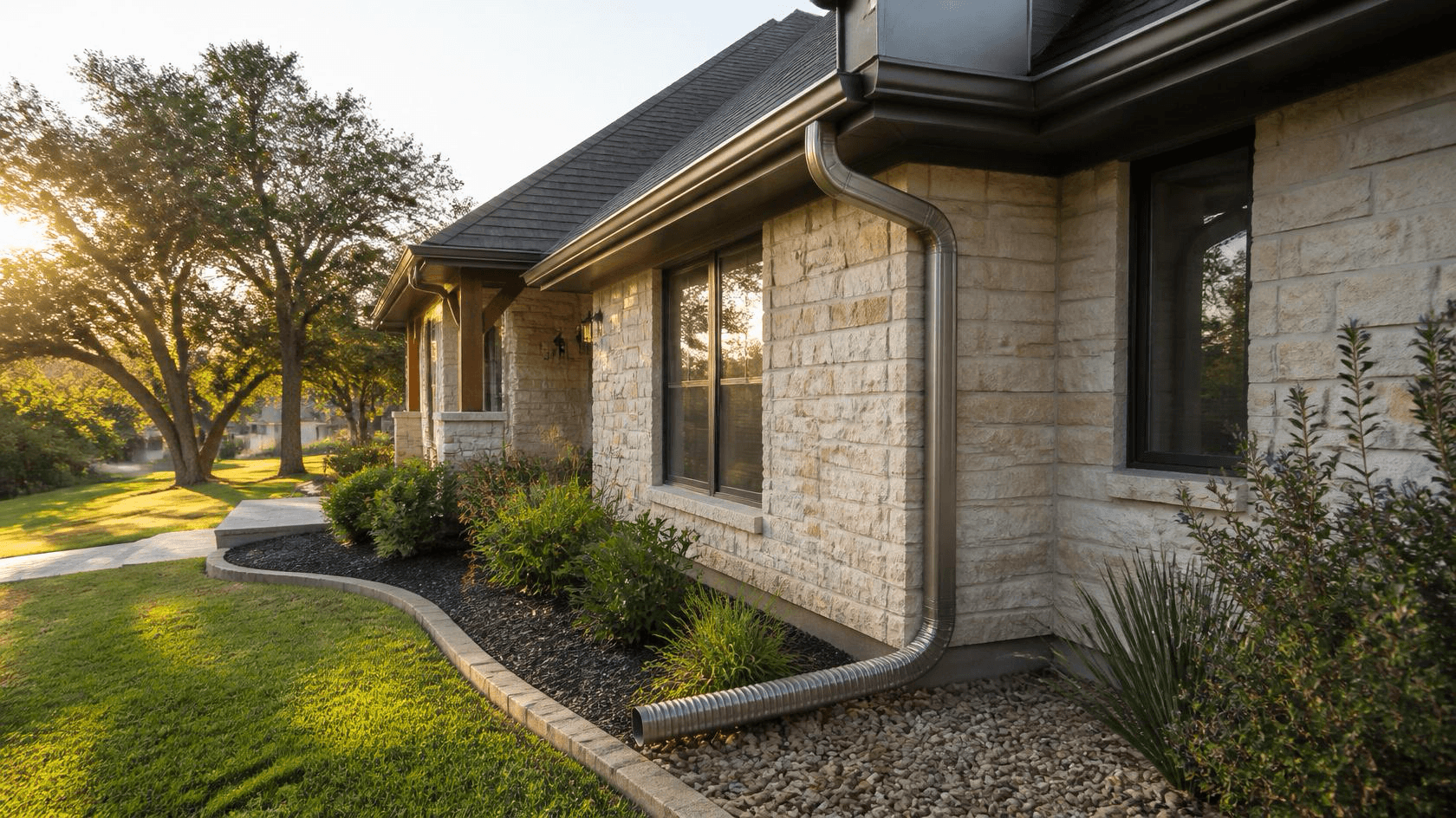 Residential gutters and downspout extension directing water away from home foundation — Austin homeowner maintenance