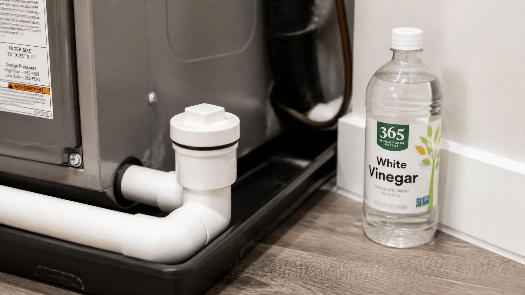 White PVC condensate drain access port on a residential air handler — HVAC drain line maintenance for Austin homeowners