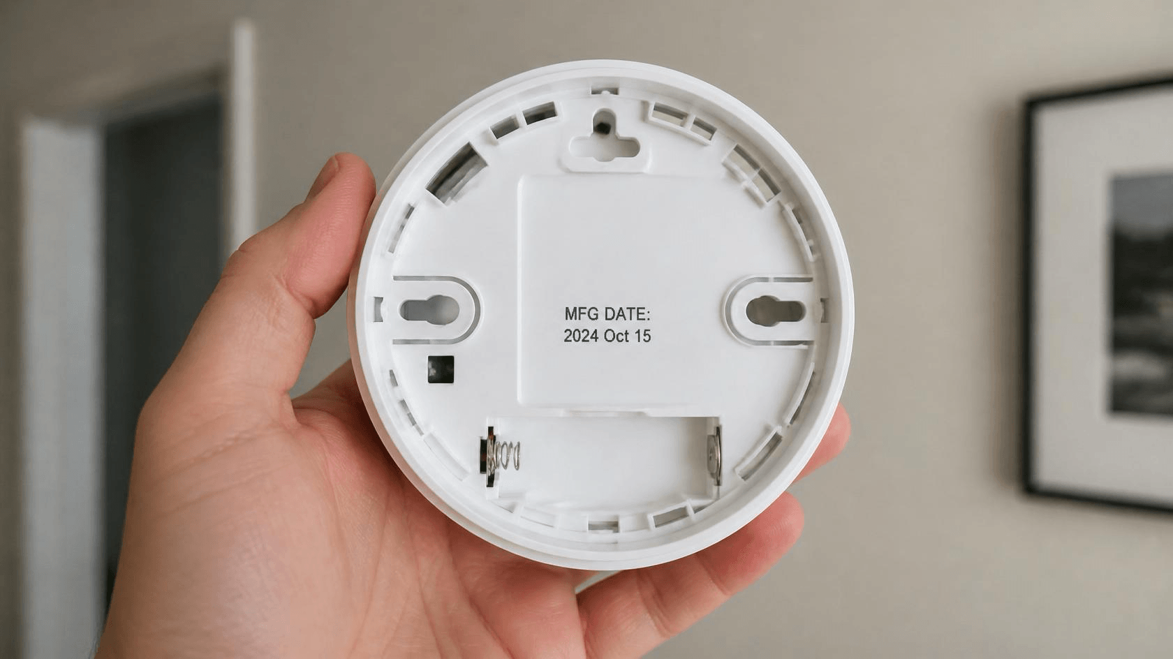 Hand holding a smoke detector open to check the manufacture date — smoke and carbon monoxide detector replacement guide for Austin homeowners