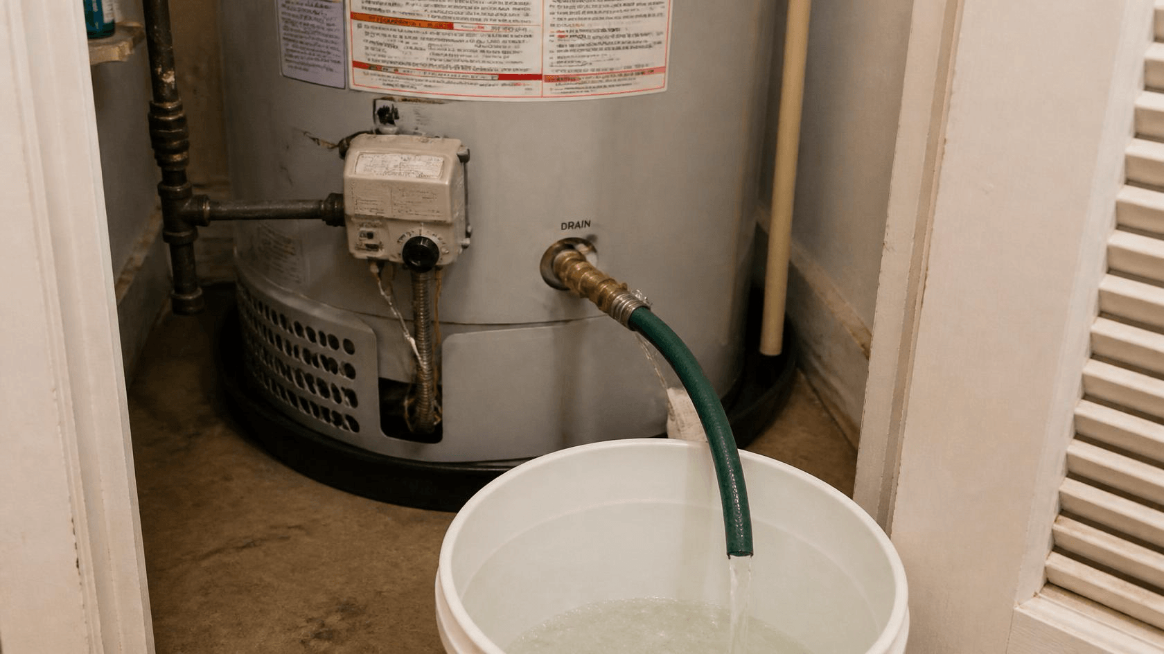 Garden hose attached to a residential water heater drain valve during annual flushing — Austin home maintenance