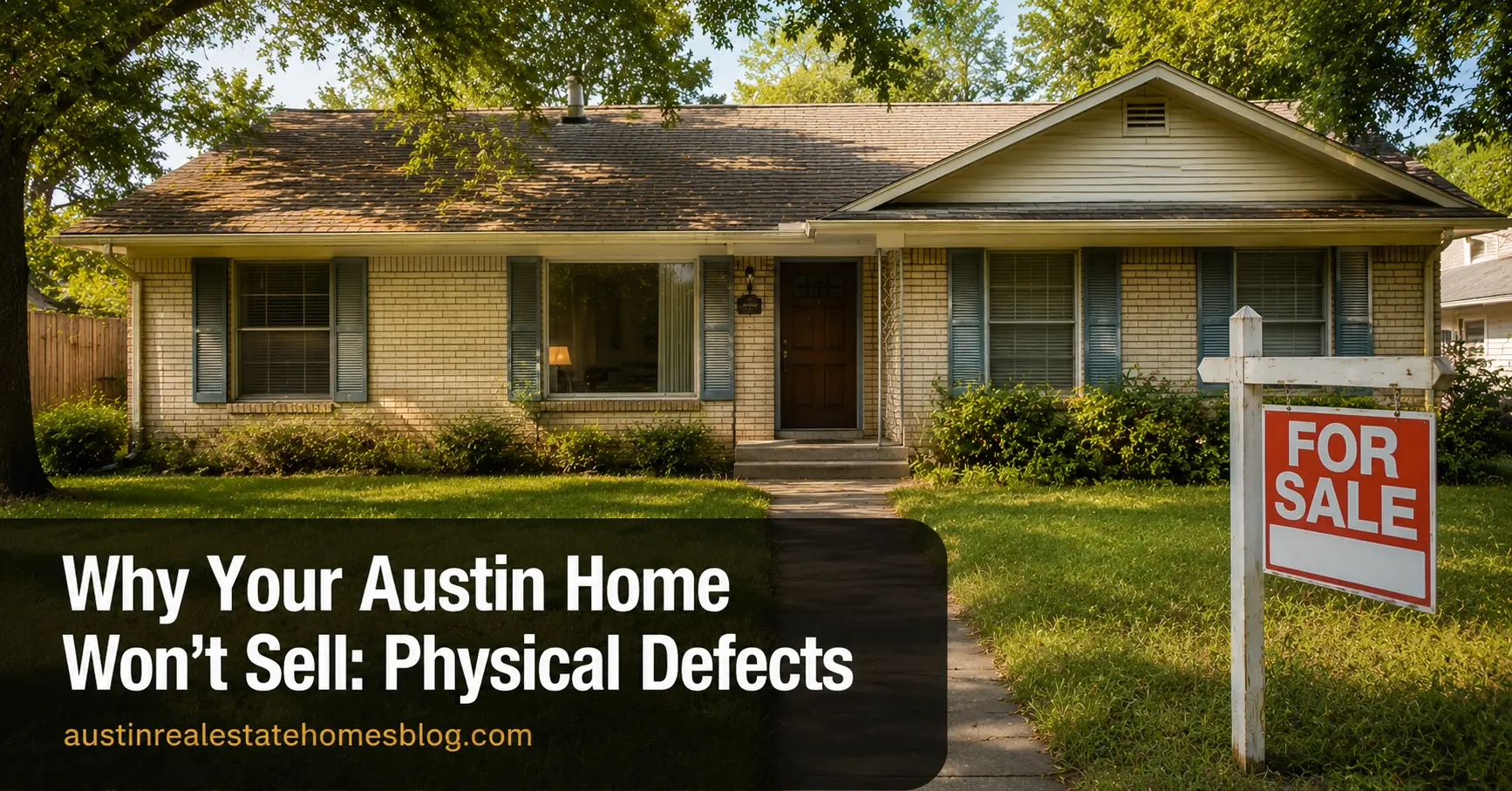Austin brick ranch home with a For Sale sign in the front yard, representing common physical defects that prevent Austin homes from selling