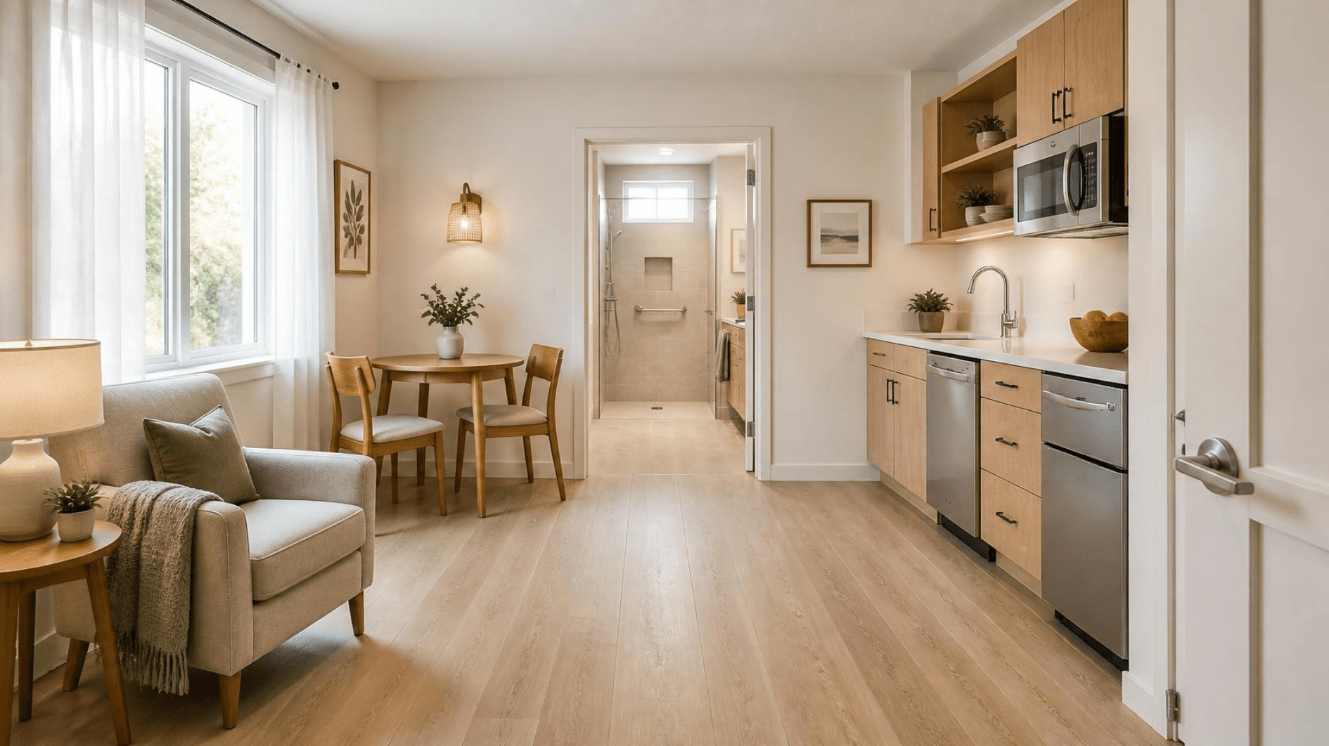 Accessible ADU interior in Austin with wide doorways, curbless shower, and open living space