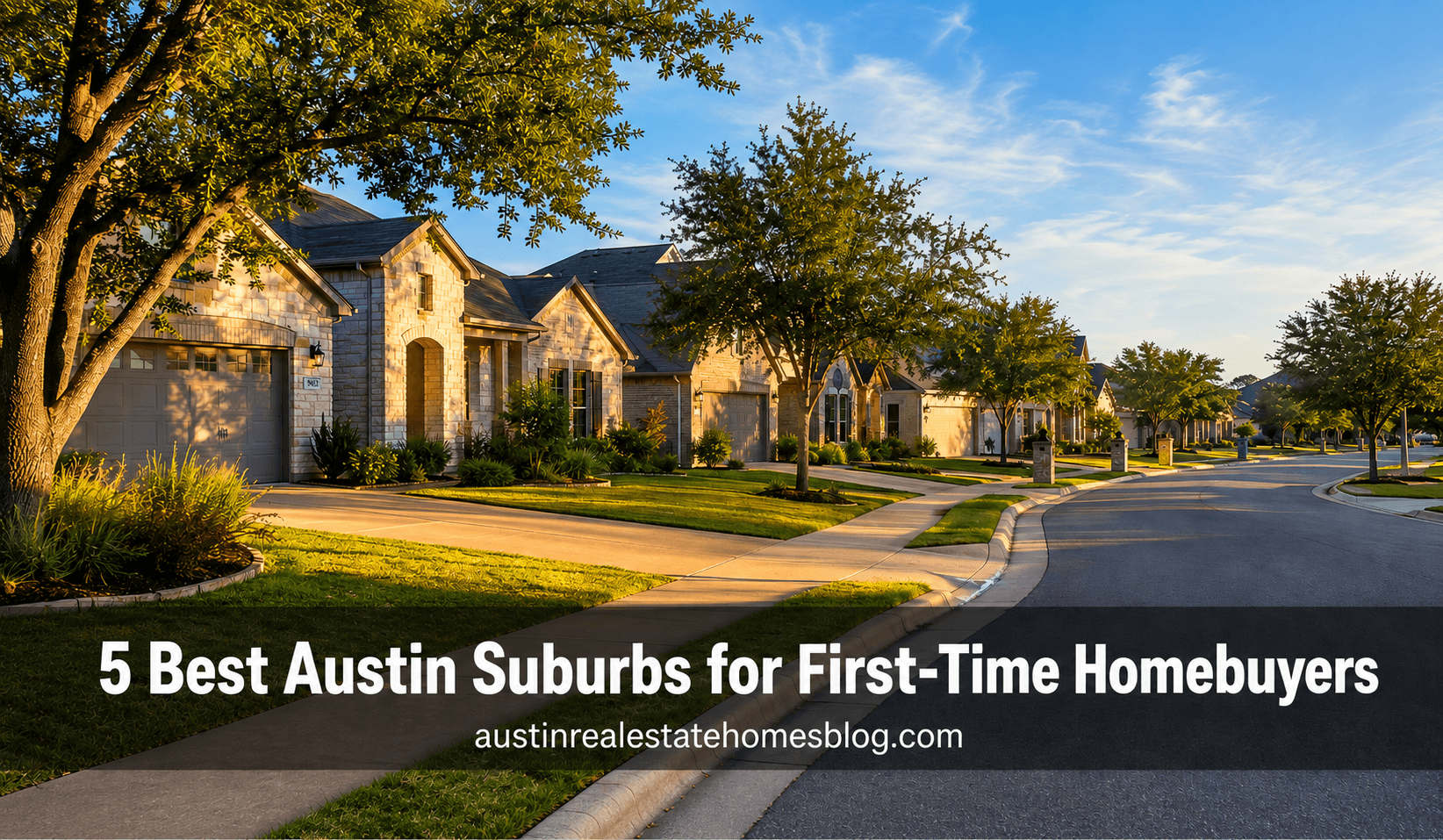 Sunlit residential street lined with stone and brick homes in an Austin-area suburb for first-time homebuyers