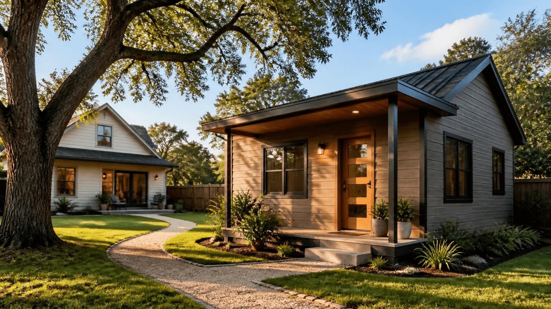Modern backyard ADU cottage with covered porch and metal roof behind a home in Austin, TX