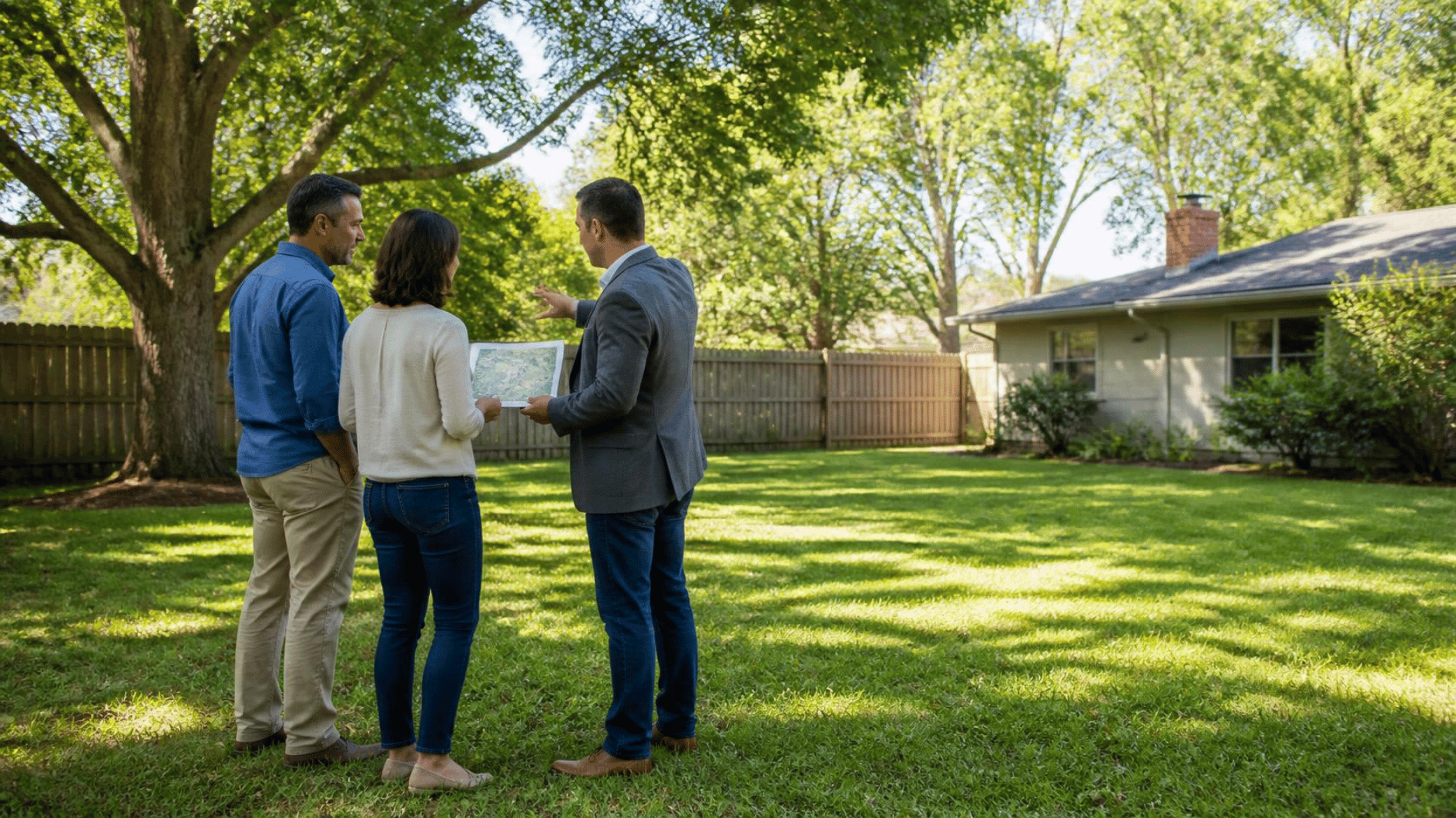 Austin real estate agent reviewing a lot survey with buyers in a backyard for ADU potential