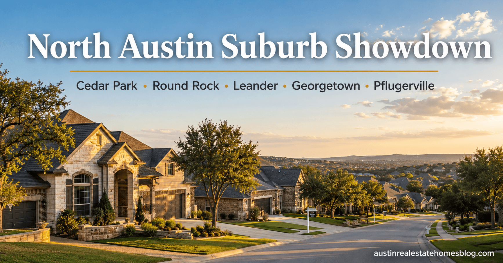 Suburban Texas street at golden hour with text overlay reading North Austin Suburb Showdown: Cedar Park, Round Rock, Leander, Georgetown, Pflugerville