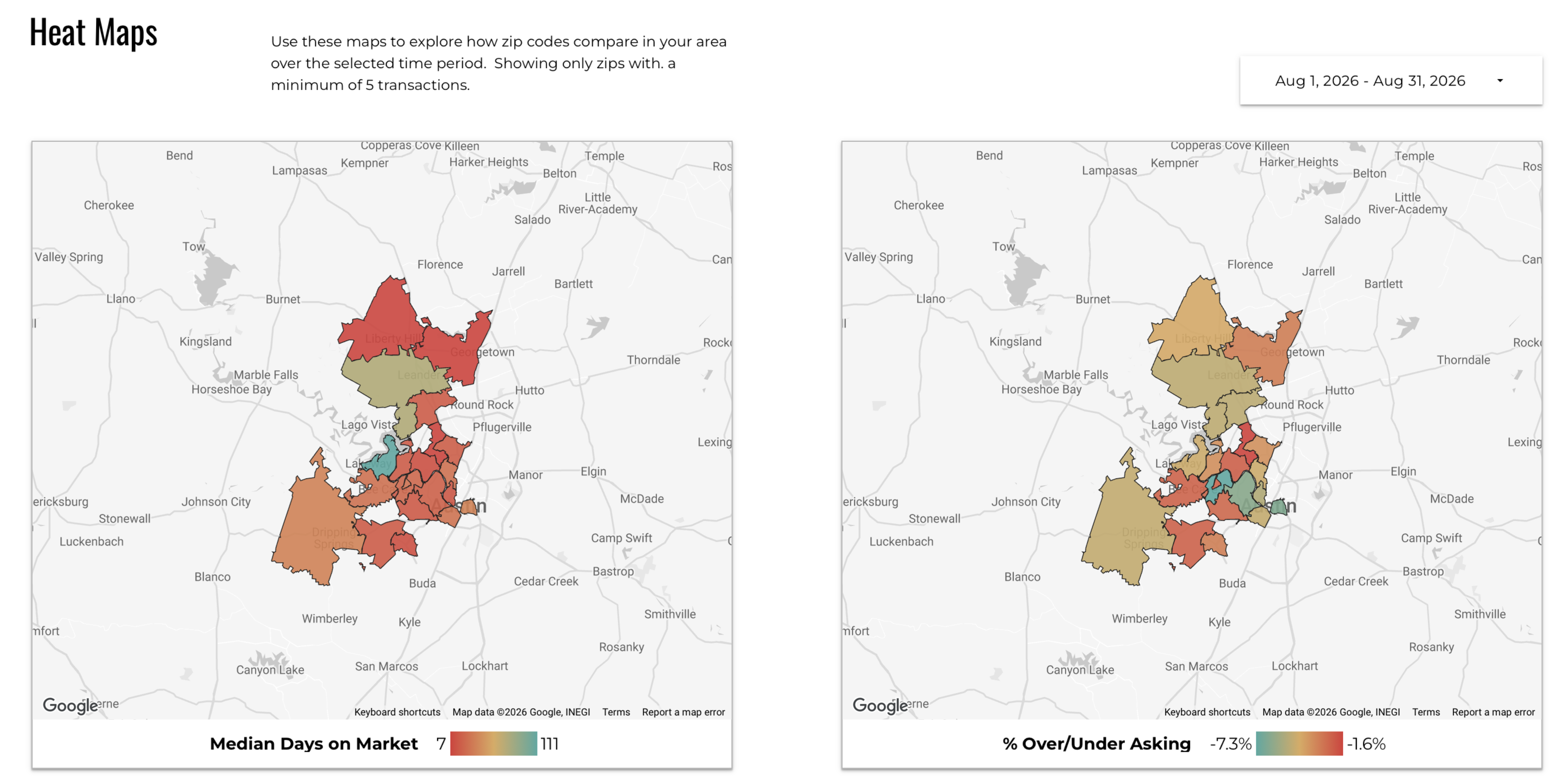 August 2026 Austin Luxury Home Sales Heat Map – Days on Market and Percent Under Asking
