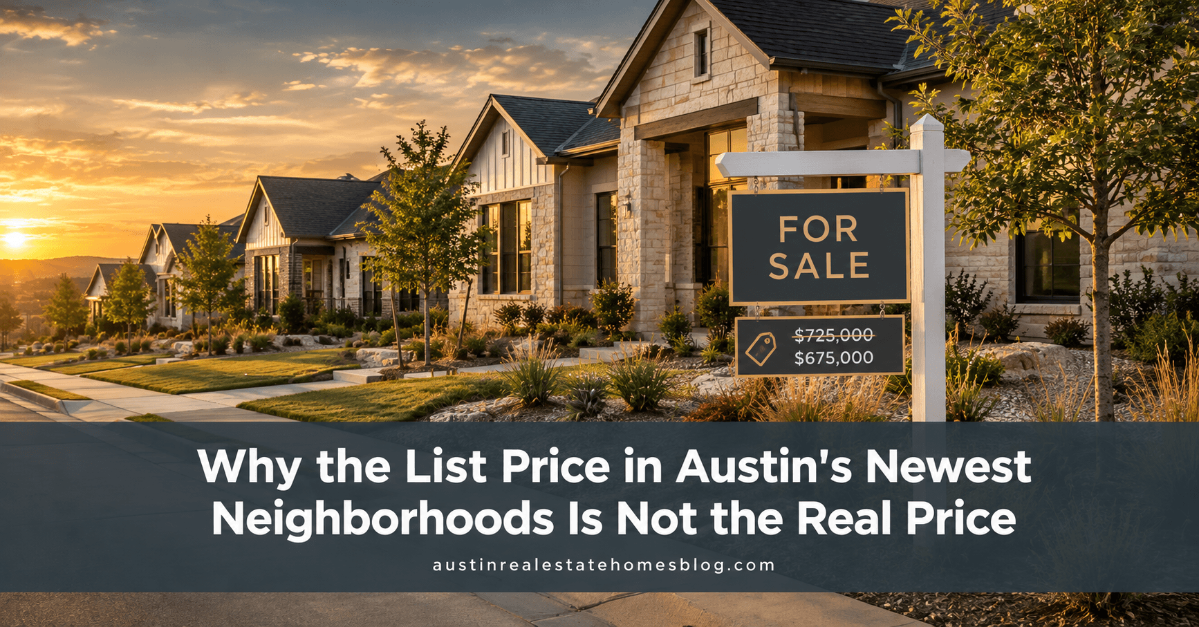For sale sign showing a price reduction outside new construction homes in an Austin area neighborhood