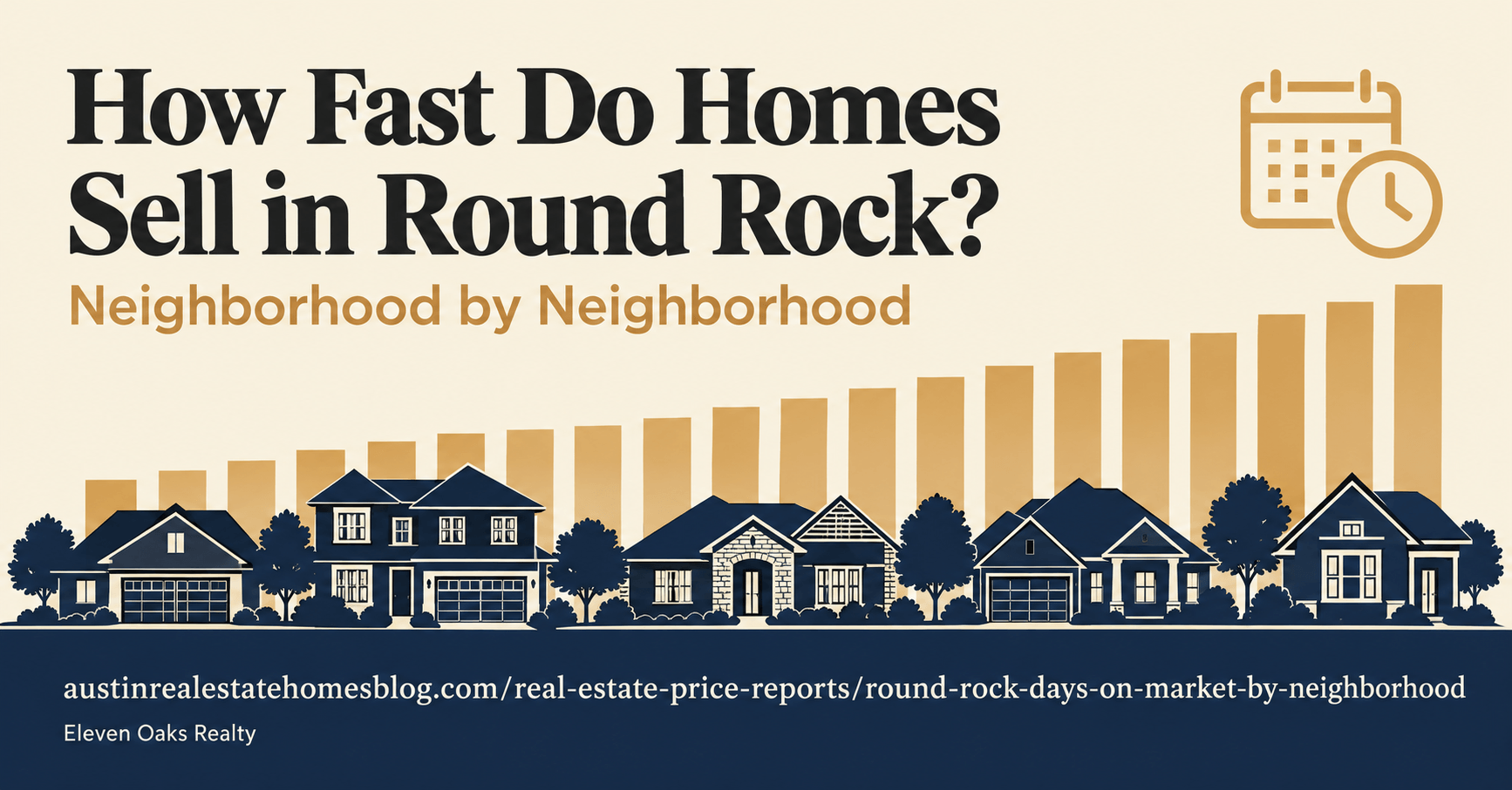 Bar chart style graphic with Texas suburban home silhouettes showing how fast homes sell in Round Rock by neighborhood