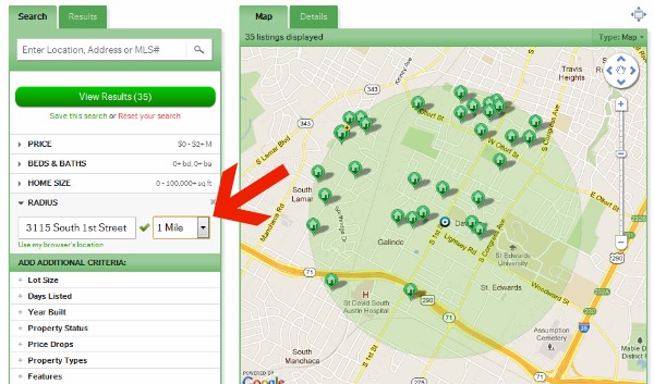 austin home search radius tool