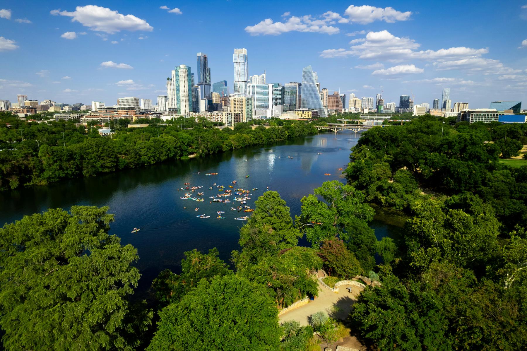 drone view of Downtown Austin from Zilker
