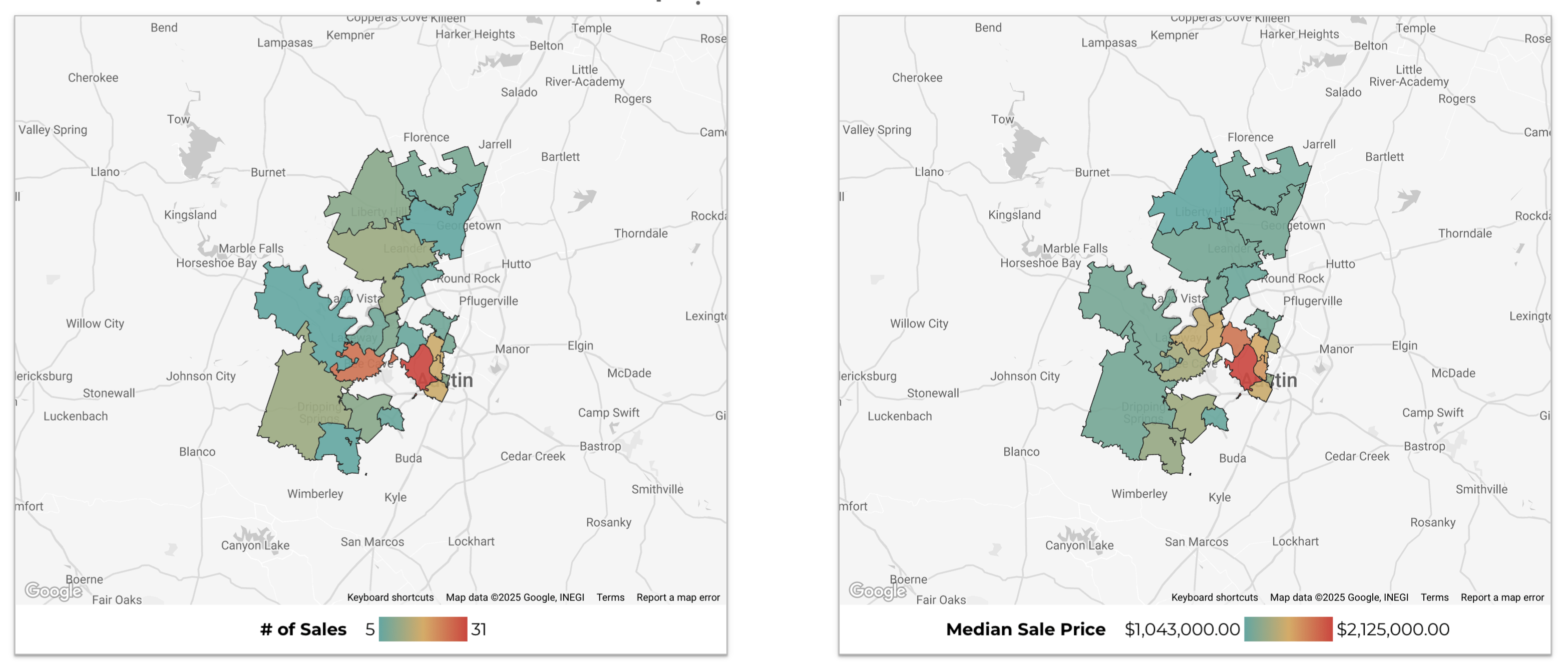 June 2025 Austin luxury number of sales median sold price heat maps