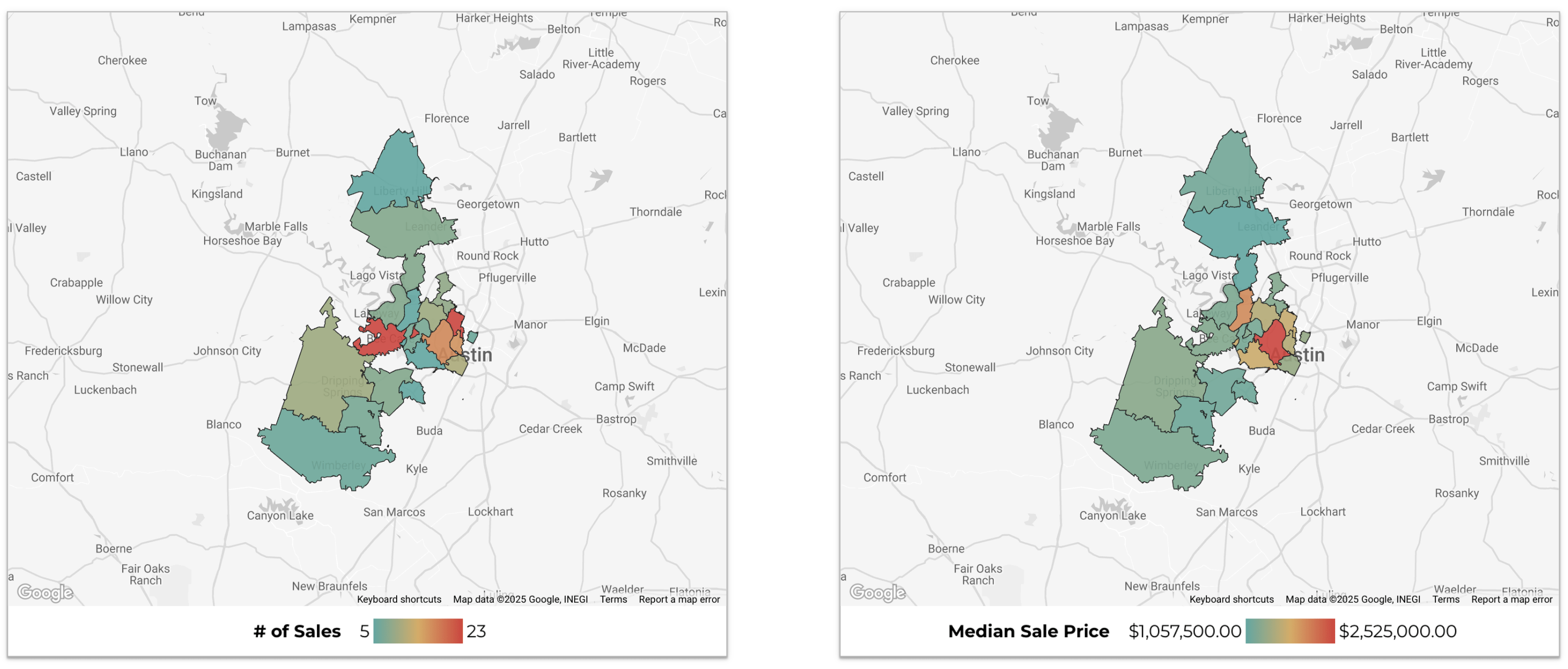 July 2025 Austin luxury number of sales median sold price heat maps