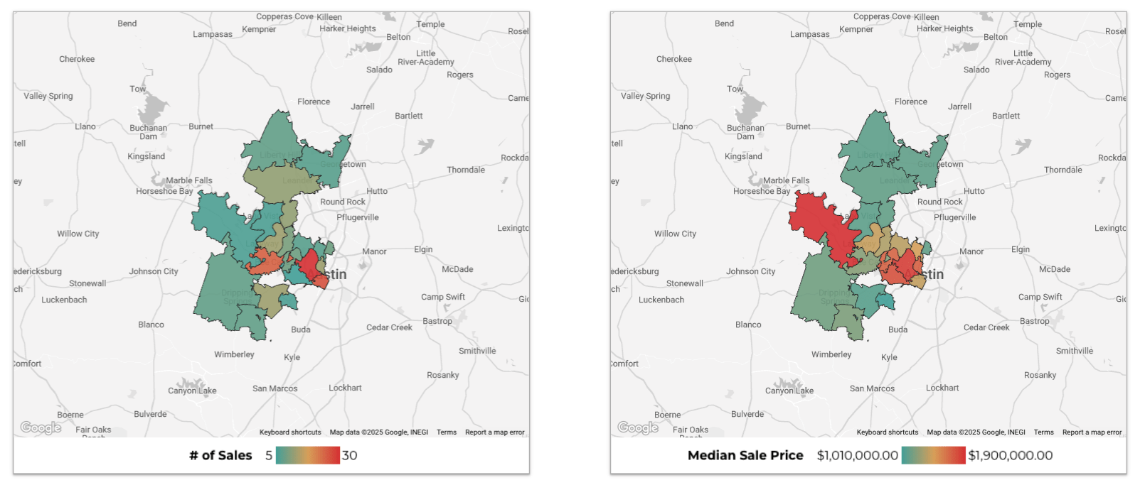 August 2025 Austin luxury market heat maps number of sales and median sales price