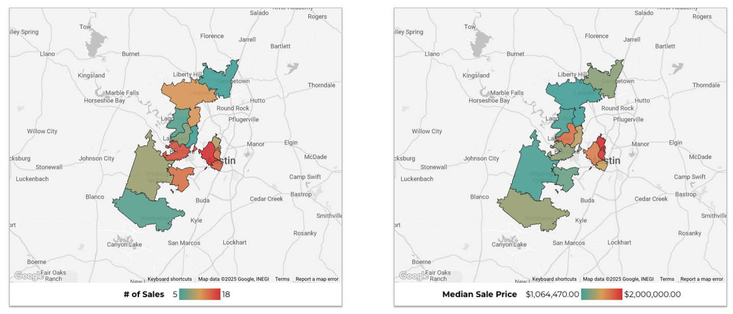 September 2025 Austin luxury market heat maps number of sales and median sales price