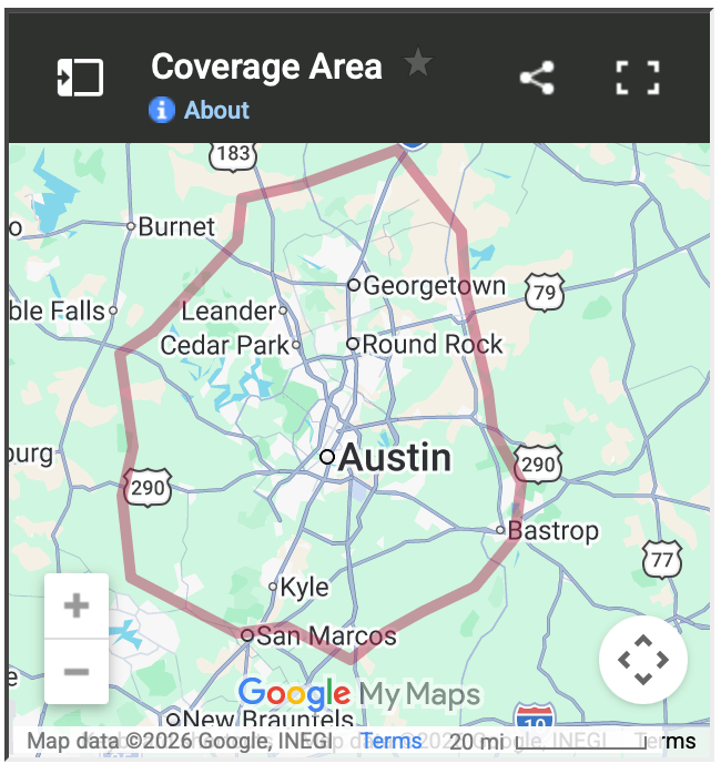Map showing Eleven Oaks Realty's coverage area including Austin, Round Rock, Cedar Park, Leander, Georgetown, Kyle, San Marcos, and Bastrop
